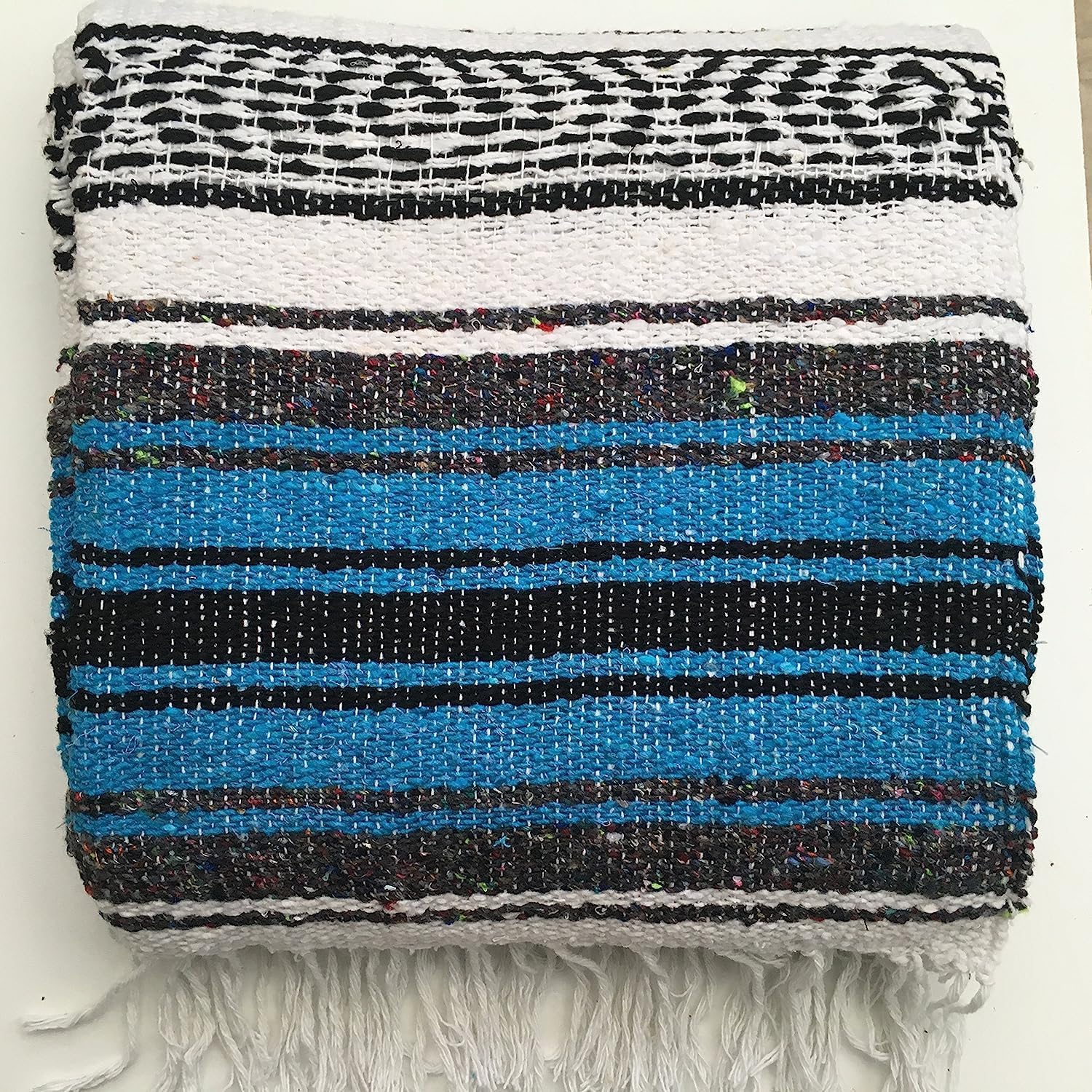 Couverture tricotée mexicaine à main pour canapé, jeté pour méditation, yogamatte, Boho pour camping en plein air, pique-nique, couverture de festival (Bleu)