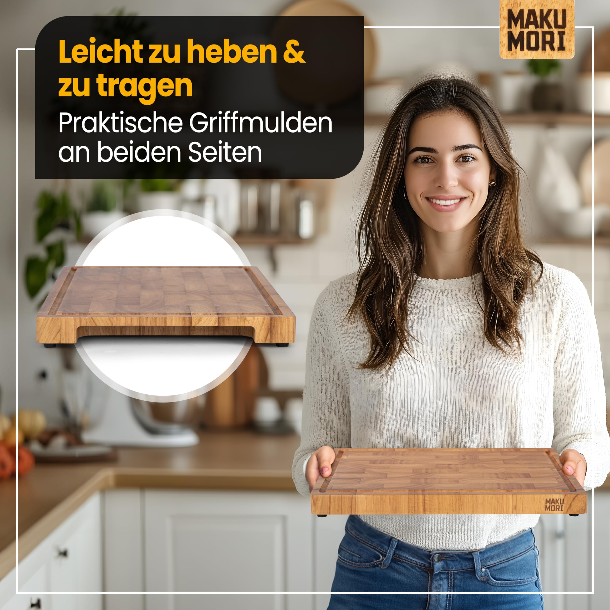 Premium Schneidebrett Bright-Bundle aus Massivholz, Stirnholz, End Grain 40x29x3cm - zweifach sortiert, FSC® -zertifiziert, Standfüße, Saftzinne und große Griffmulden