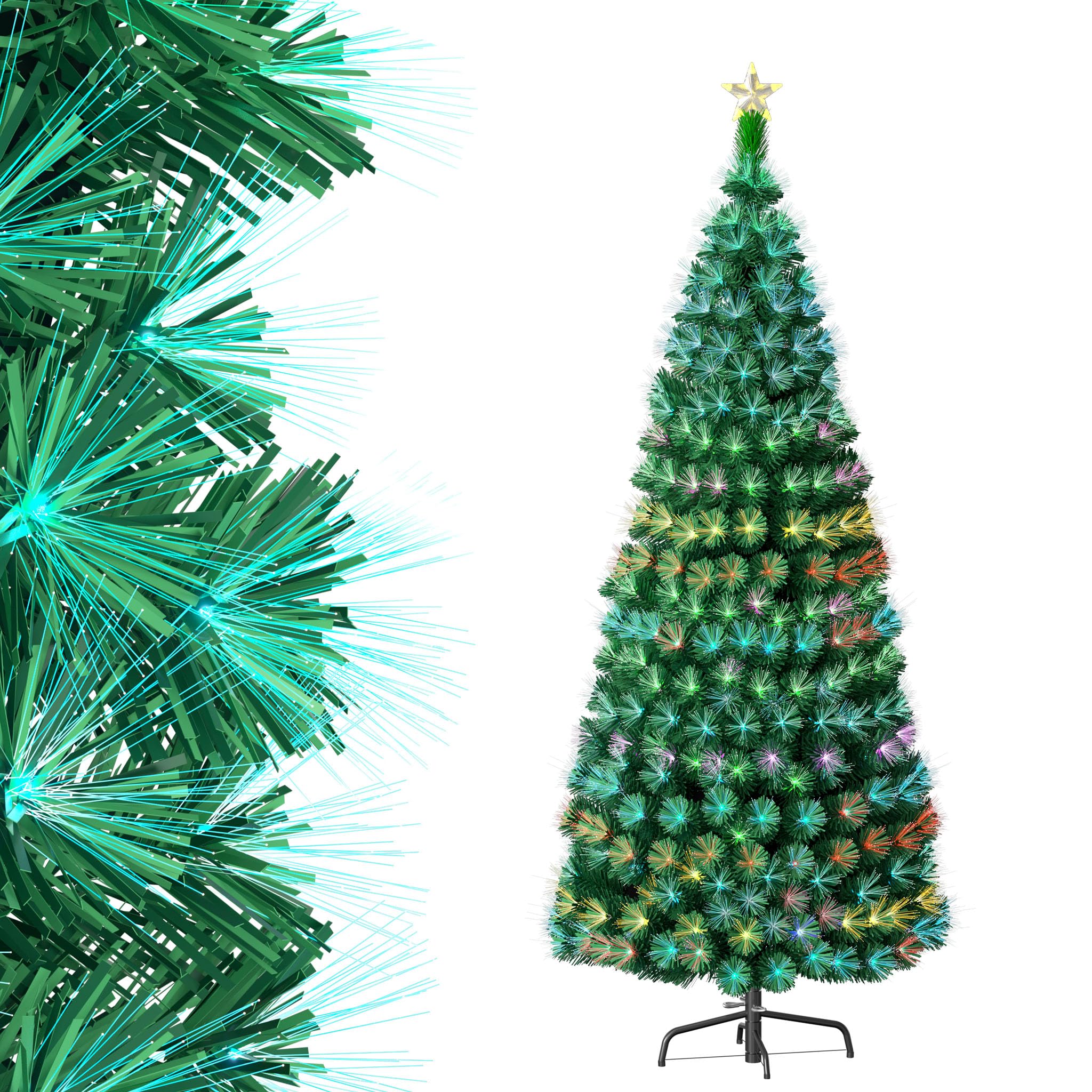 Aufun Árbol de Navidad Artificial 210cm,Árbol de Navidad con LED y Parte Superior de Estrella,Abeto de Fibra de Vidrio Artificial Que Cambia de Color para Hogar (2.1M,Fibra de Vidrio Colorida)