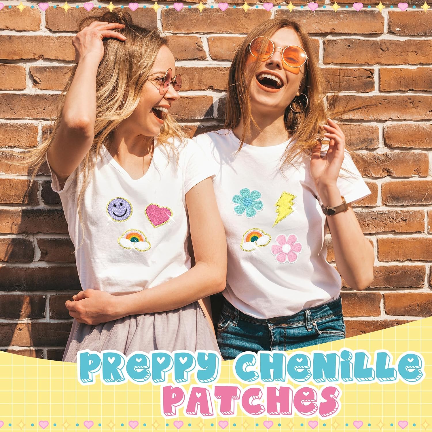 24Pcs Preppy Chenille Patches Colorful Glitter Smile Lightning Bolt Heart Rainbow Flower Sew Iron on Repair Embroidered Applique Girly Style DIY Crafts Decorative Gift for Clothing Backpack Hat