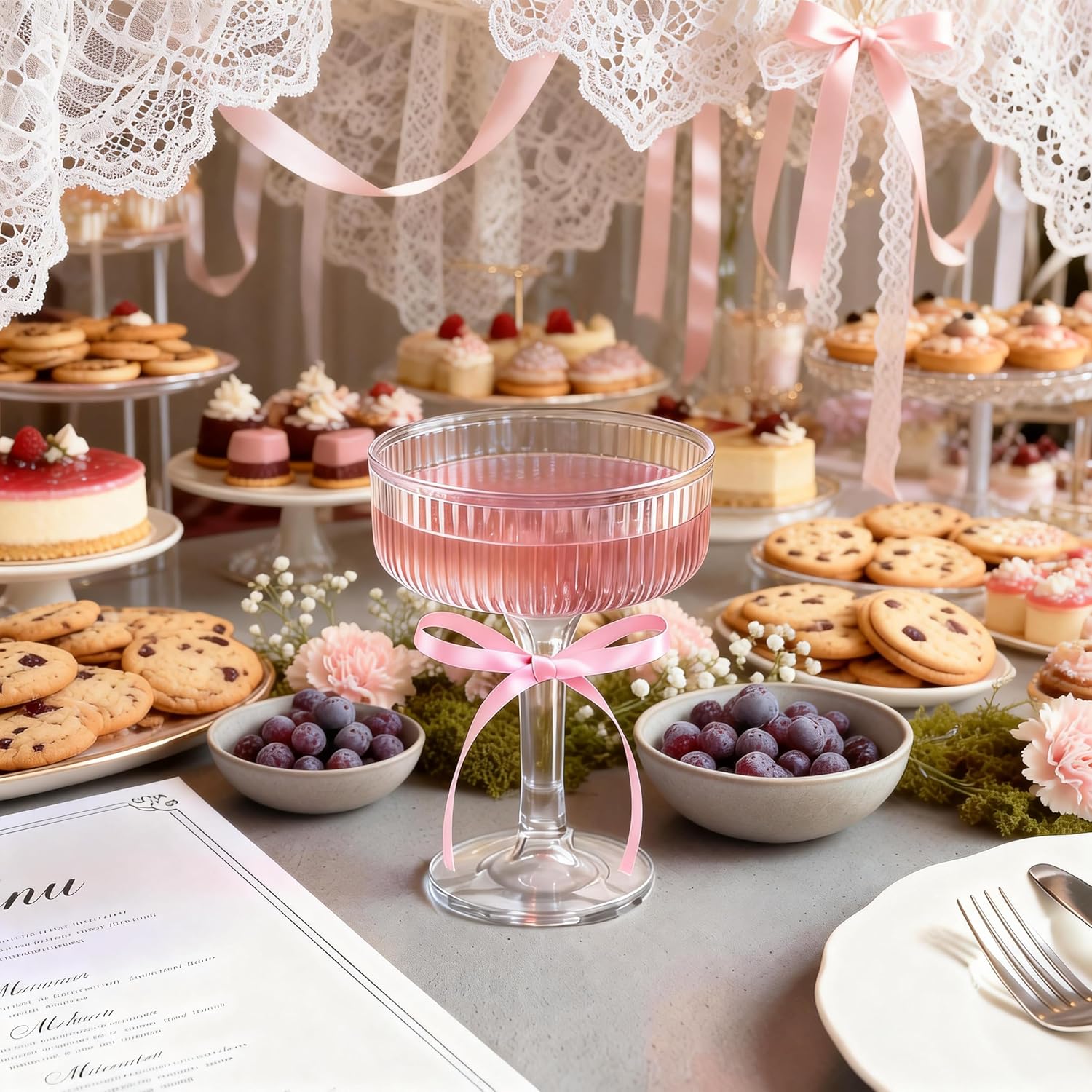 ACRYLIC Champagne Tower Set 20 Pack 7oz Shatterproof Flutes with 25 Pink Bows & 25 Dots, Stackable Plastic Coupe Glasses for Wedding, Birthday, Bridal Shower, Anniversary & Catering Events