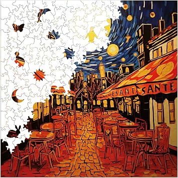 Ahşap Puzzle Yetişkin - Van Gogh Kafe Terasta Yıldızlı Gece Reprodüksiyonu - 353 Parça, 29 x 29 cm - Yapıştırıcı Folyo Dahil - Benzersiz Şekilli Parçalar & Özel Figürler - S1-33
