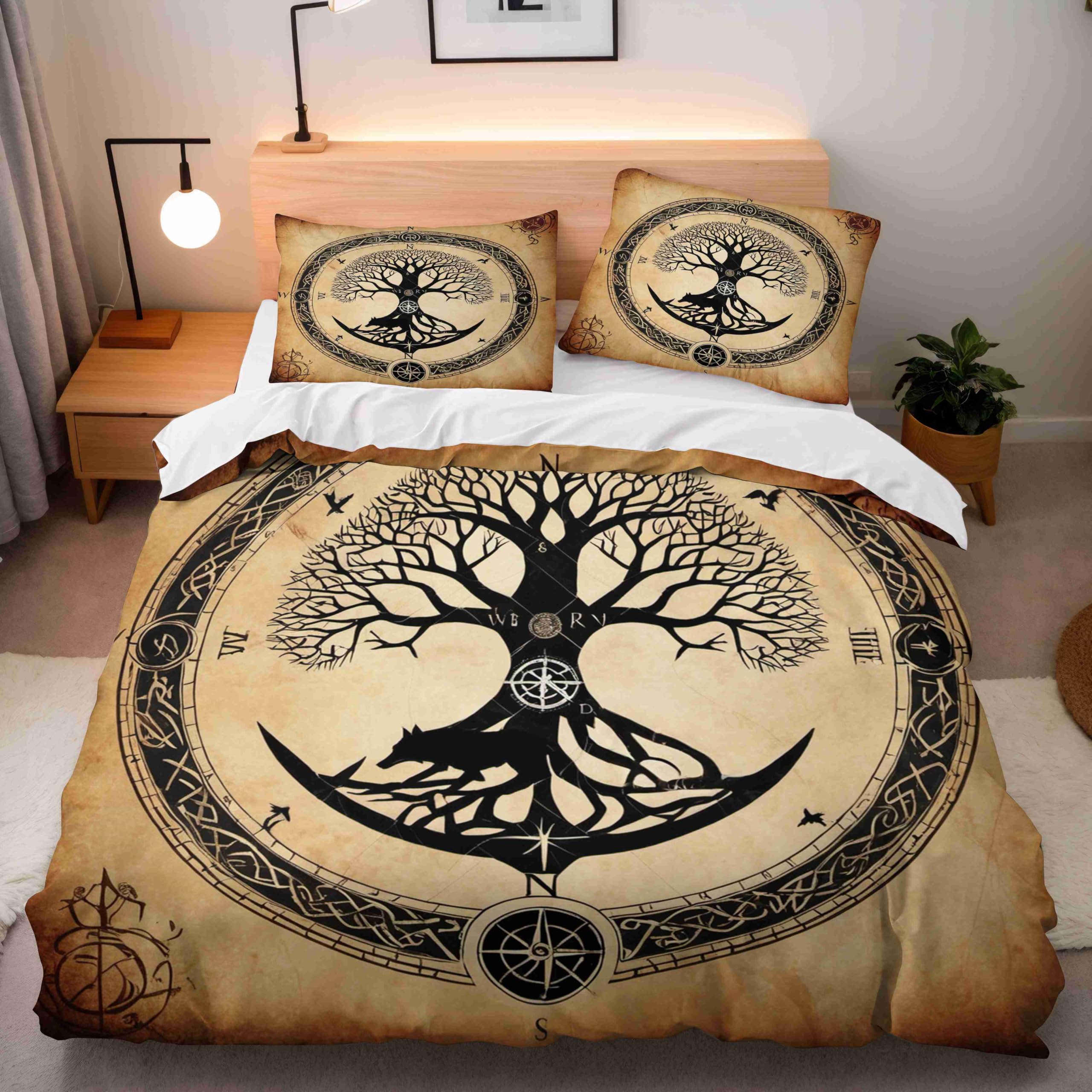 Copripiumino Matrimoniale 220x240 cm Motivo Vichingo Nodo celtico Lupo Corvo 3D Set di Biancheria da Letto Con Microfibra Comfort Morbida 3-Pezzi con 2 Federe 50x75 con Cerniera e Fascette Angolari