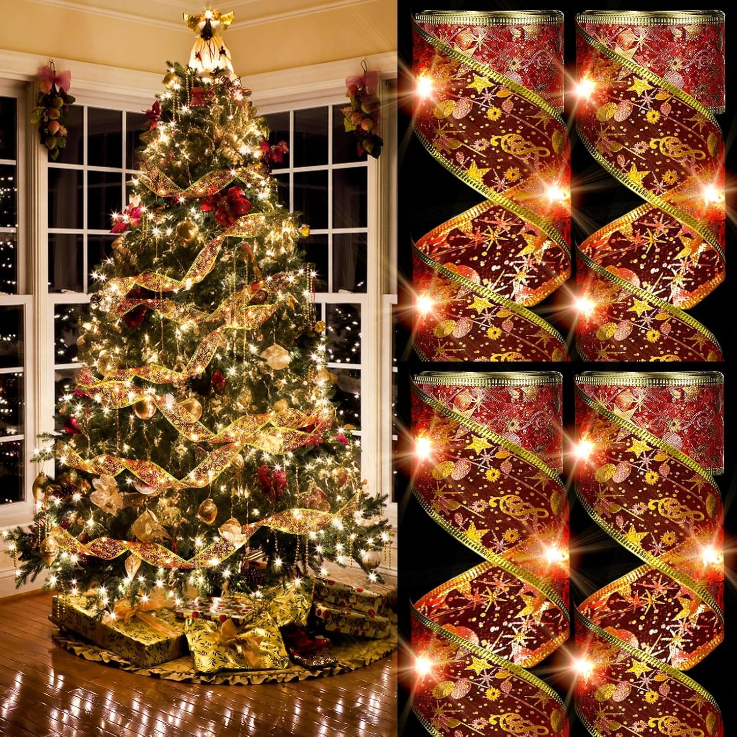 Geosar 4 Pcs 65.62 ft Christmas Tree Fairy Ribbon Lights Lighted Ribbon Garland for Christmas Tree Xmas Decorations for Indoor Outdoor Party Decorations, Warm White(Gold)