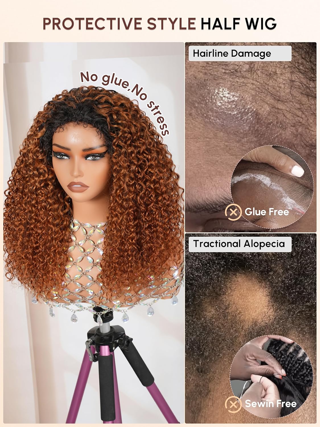 T1B/30 Ombre Water Wave Half Wig Human Hair | Drawstring + Pre-Blend 4C Edges with Dark Roots | Glueless 3-In-1 Flip Over Natural 3B/3C Blend | Beginner Friendly | 10 Inch for Summer Look