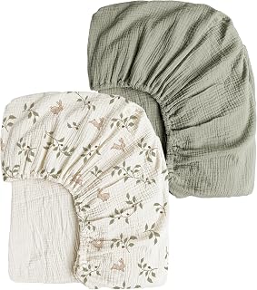 Konssy 2 Pack Muslin Crib Sheets 100% Cotton - Soft Breathable Fitted Sheets for Standard 28x52" Crib Mattress, Rabbit Fog Green Boys Girls
