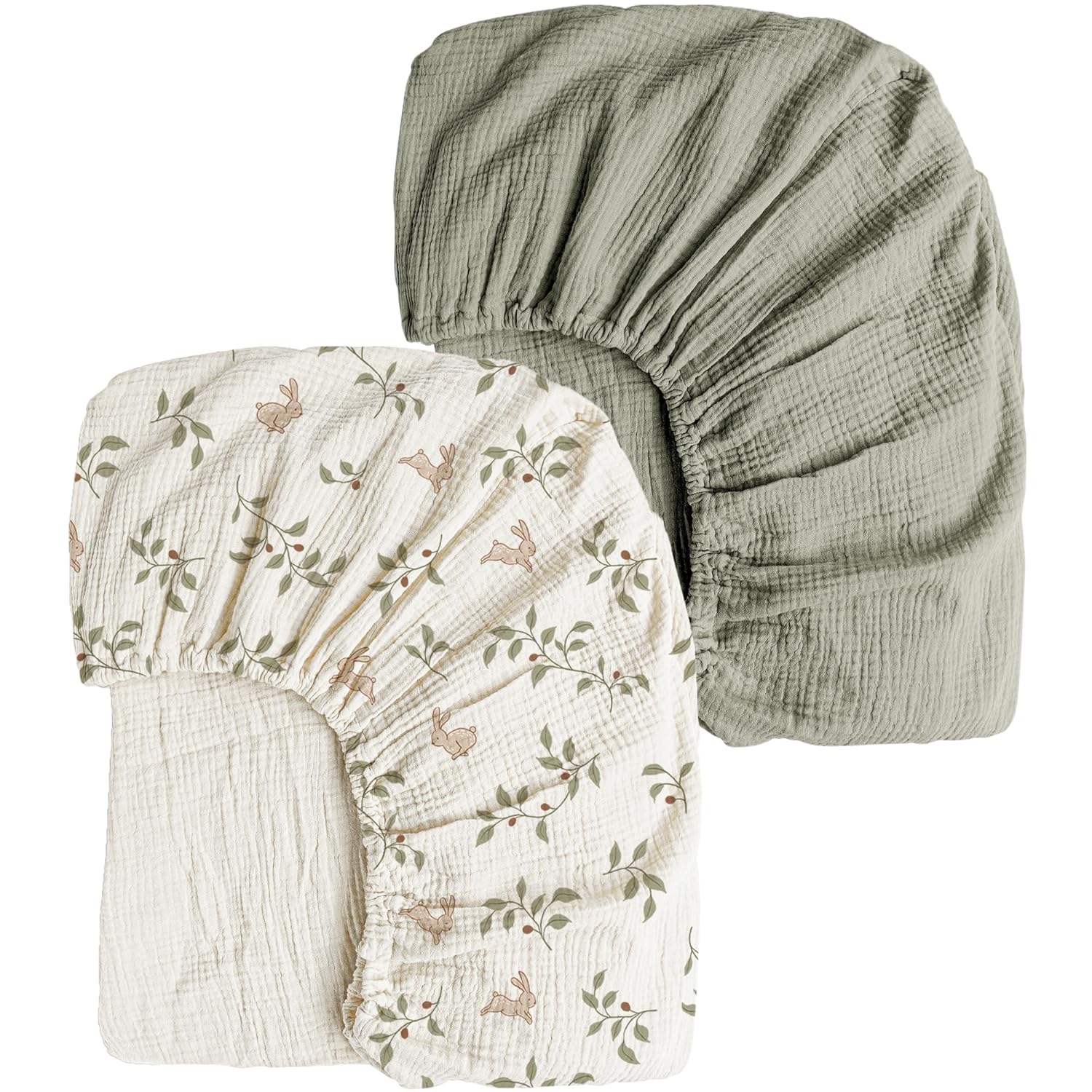 Konssy 2 Pack Muslin Crib Sheets 100% Cotton - Soft Breathable Fitted Sheets for Standard 28x52" Crib Mattress, Rabbit Fog Green Boys Girls