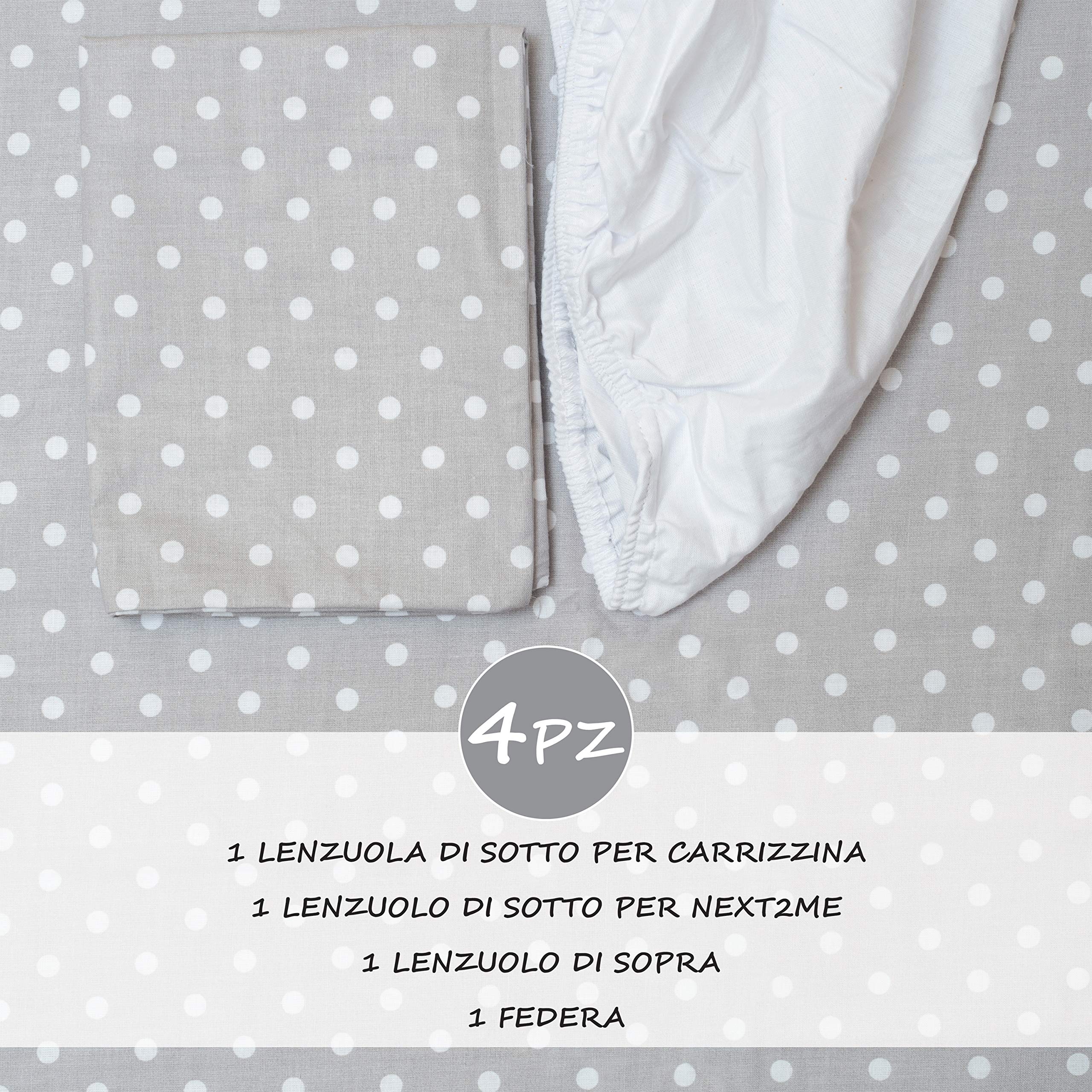 CangooCare© Set Lenzuola 4 Pezzi Compatibile Next2Me, Culle Cosleeping, Carrozzina, 100% Cotone, 2 Lenzuola Con Angoli, 1 Lenzuolo Sopra, 1 Federa (Pois Grigi)