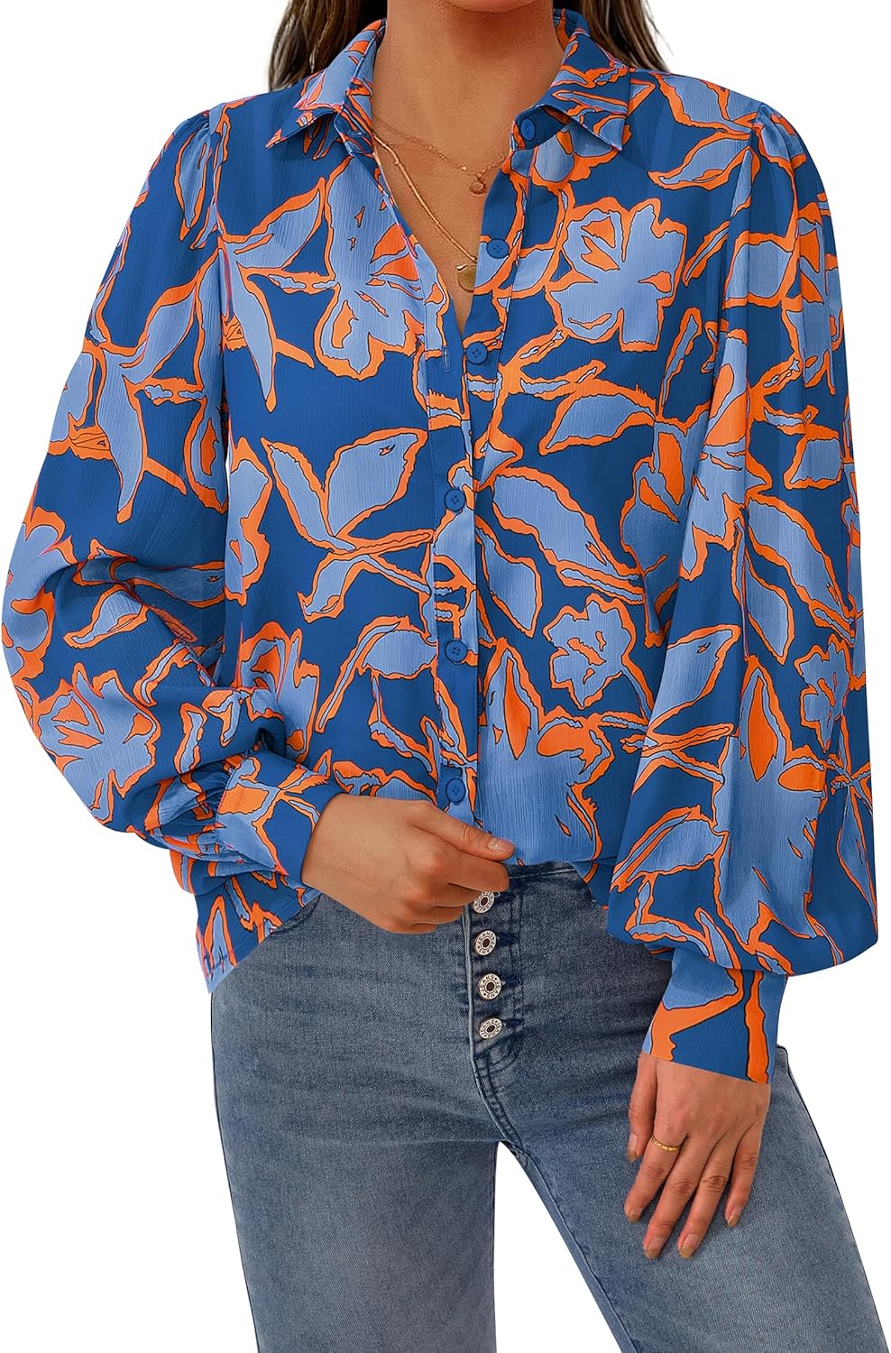 PRETTYGARDEN Women's Floral Blouses Dressy Casual V Neck Button Down Shirts Lantern Long Sleeve Boho Chiffon Spring Tops 2026