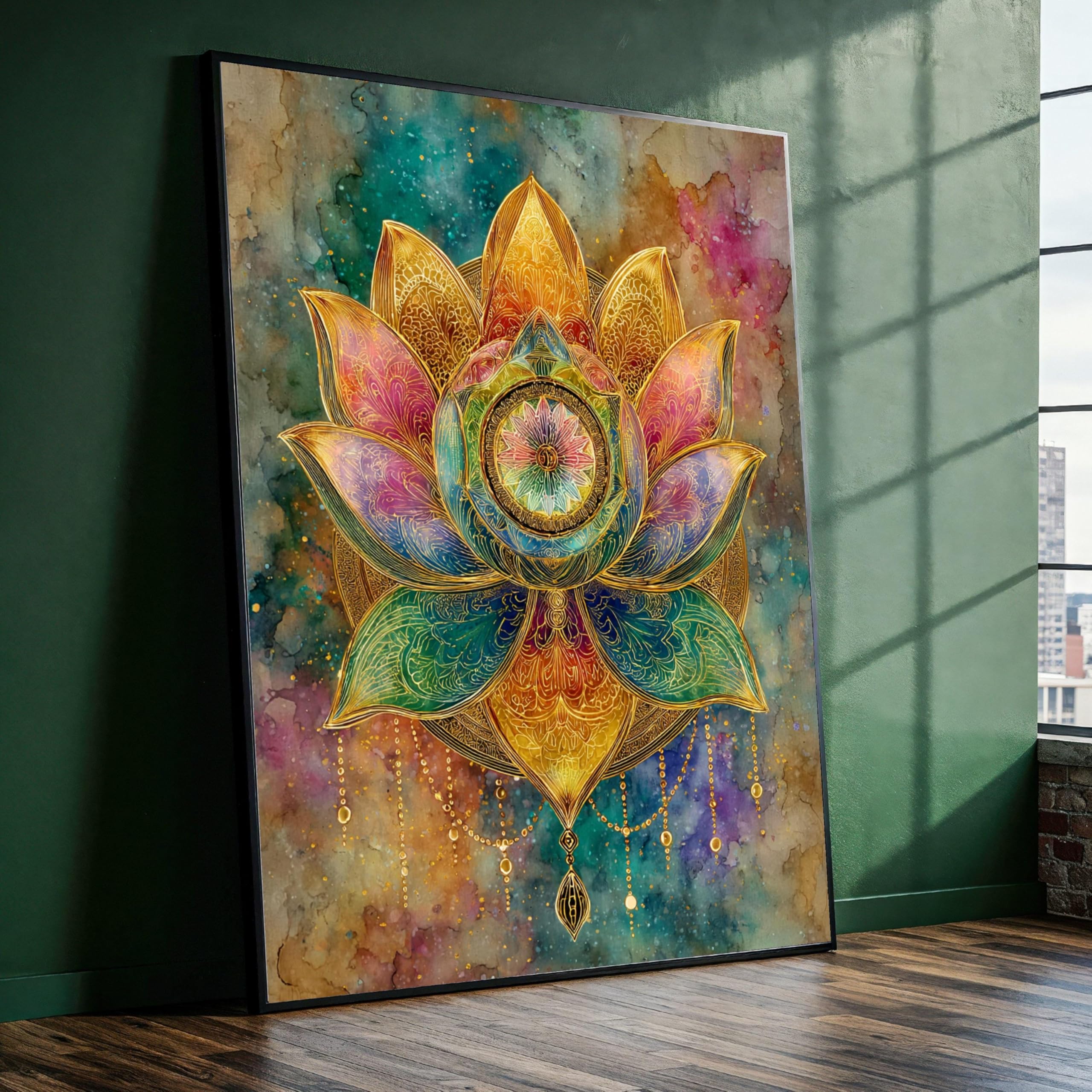 YUSUZHU Quadro su tela con mandala dorato e loto, decorazione floreale spirituale, stampa geometrica colorata, dipinto astratto boho, meditazione (30x40 cm/cornice interna)