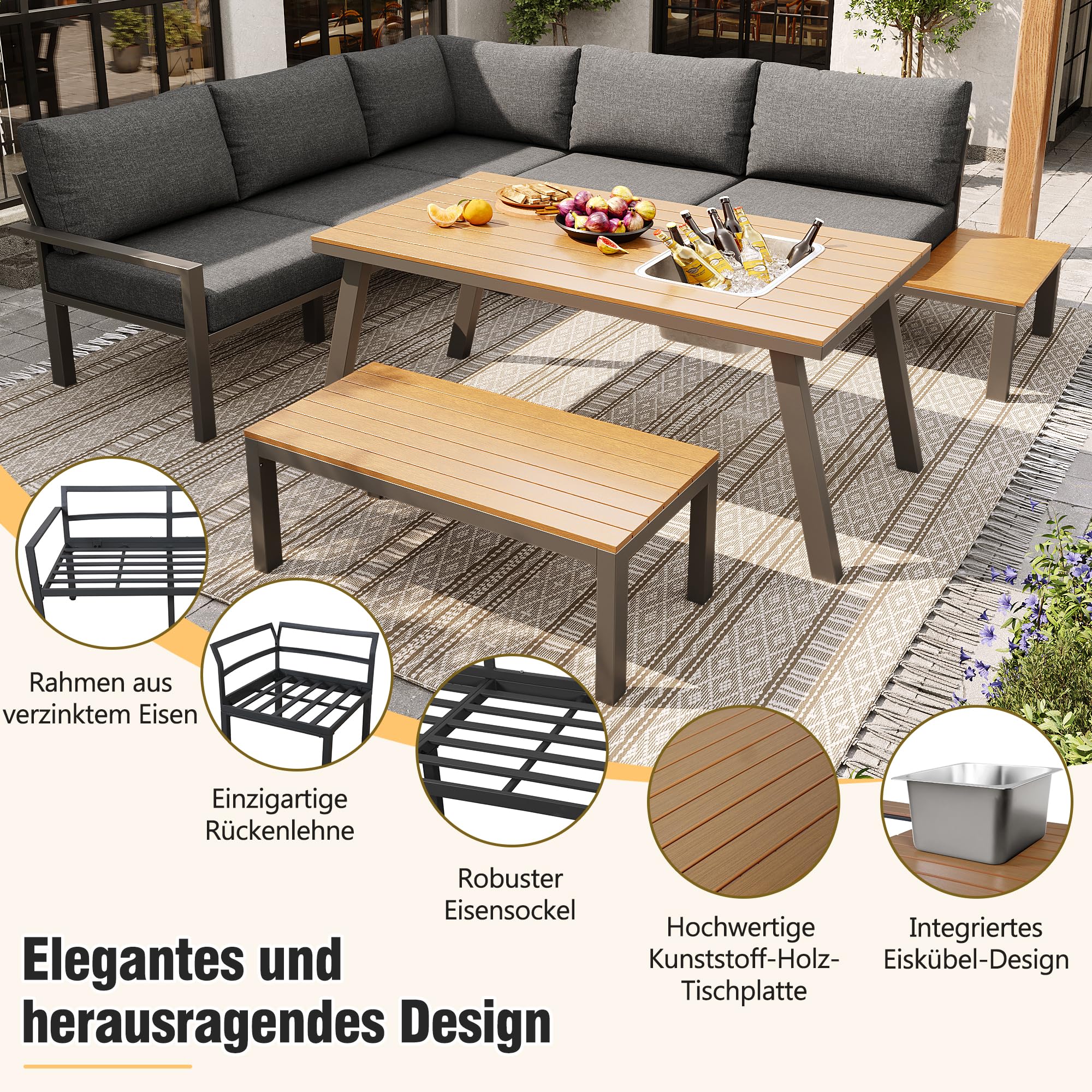Juego de salón de jardín para 6-7 personas, adecuado para jardín, balcón, terraza, grupo de asientos resistente a la intemperie, moderno juego de muebles de jardín, estructura de hierro