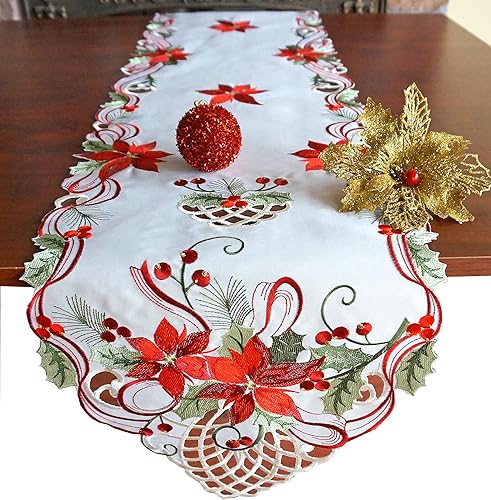 Miniatura 9 de Juego de 4 manteles individuales navideños bordados con flores navideñas para decoración del hogar, comedor, mesa de Navidad, 14 pulgadas, redondos