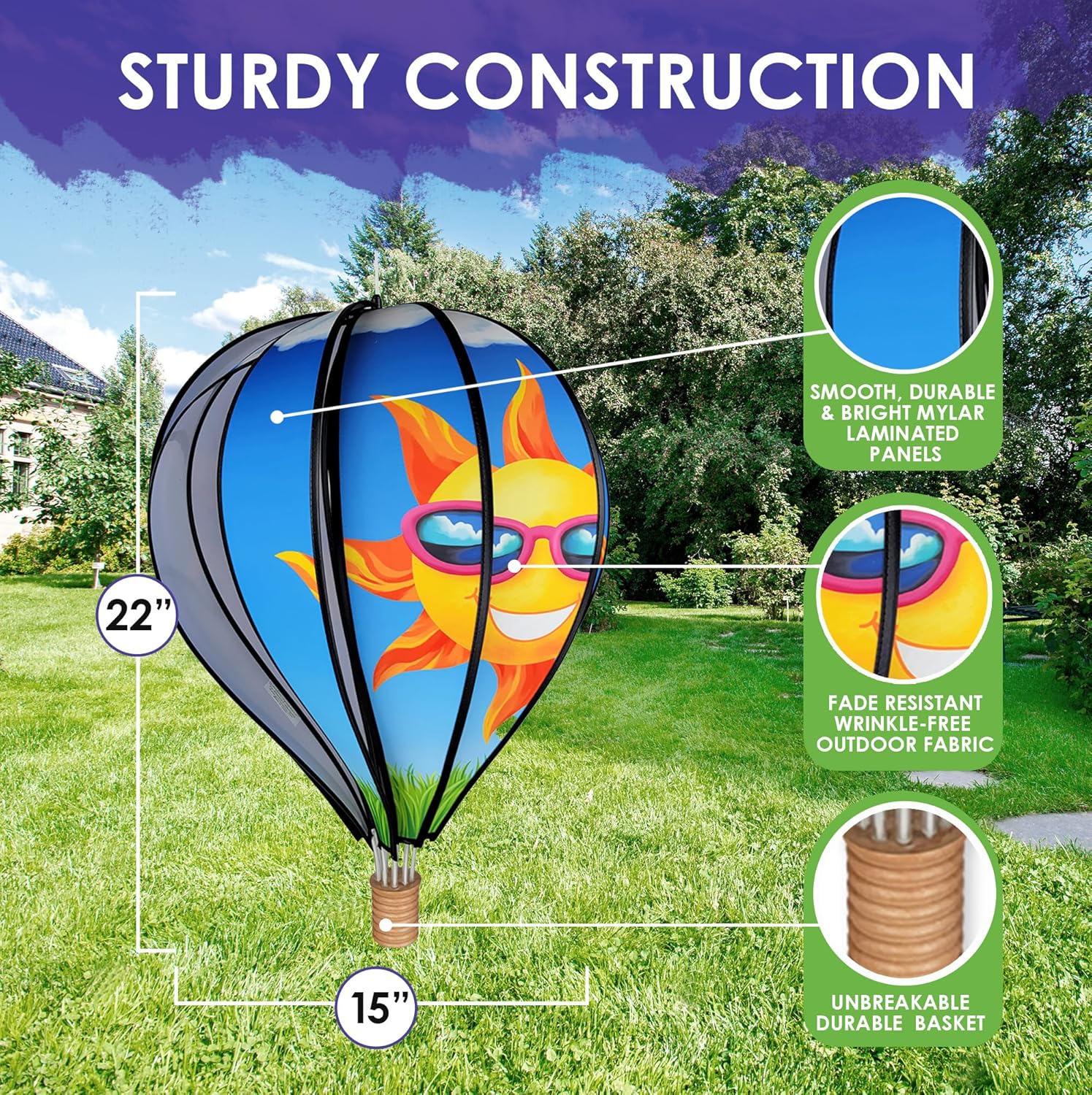 Hot Air Balloon Hanging Garden Spinner 22" - Vibrant Sun Design, Weather-Resistant Outdoor Decor, Durable & Lightweight for Patios, Yards, and Gardens - Eye-Catching Wind Spinner