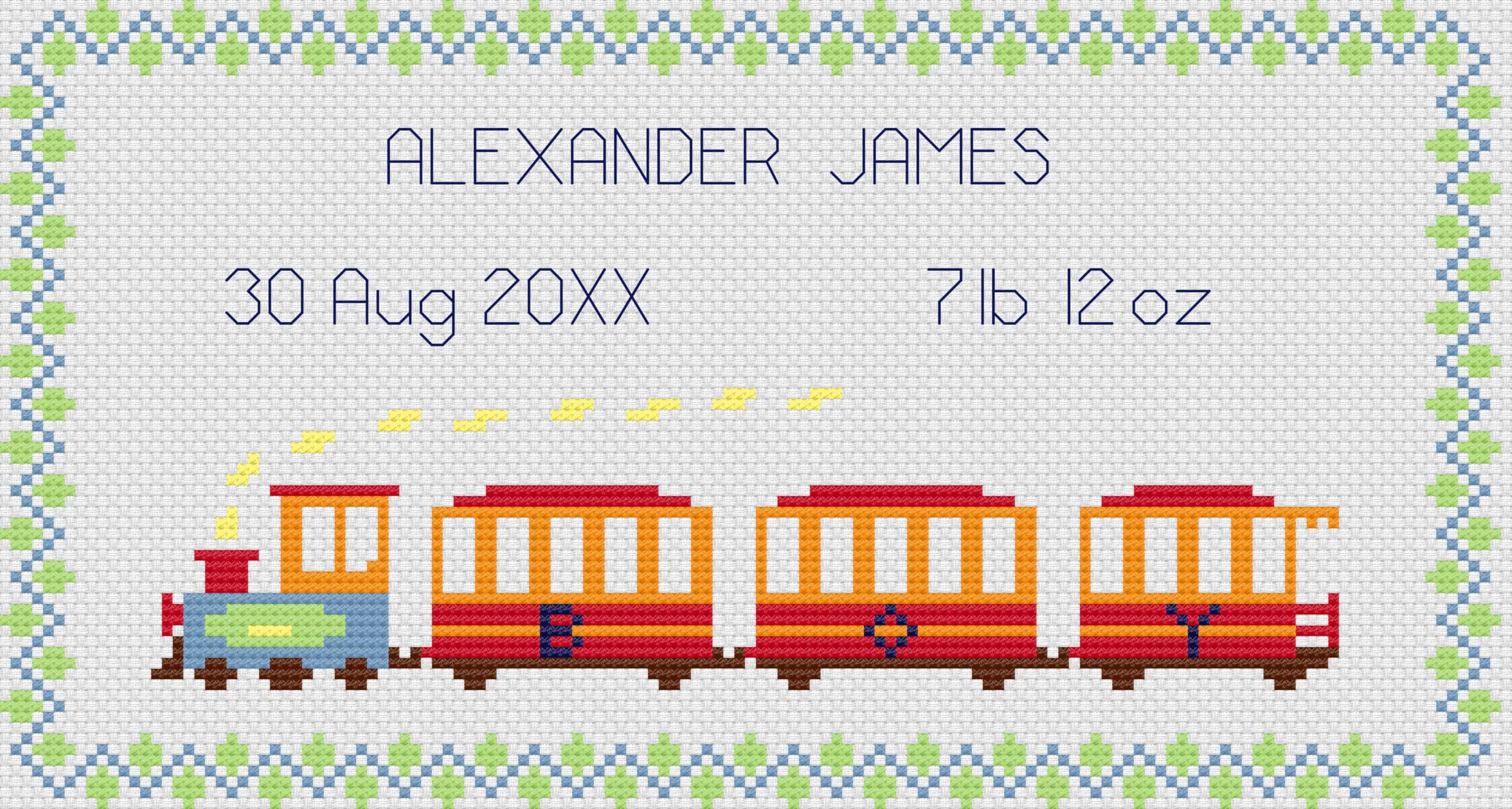 Florashell Needlecrafts Cross Stitch Kit - Train Birth Sampler - 14 Count Aida Fabric, Pre Sorted DMC Threads, Needle, All Seasons, Unisex, Adult, Non-Foldable
