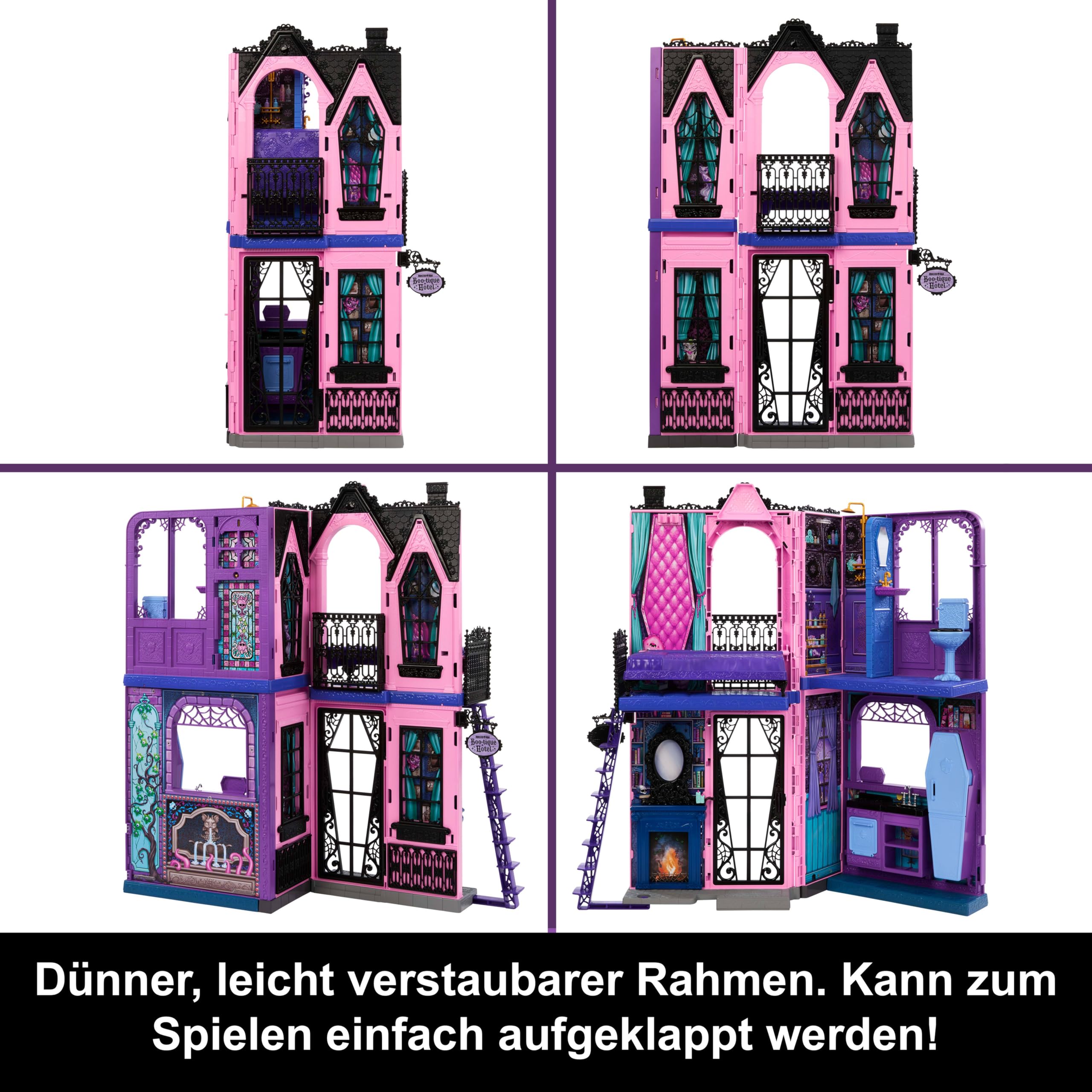 Monster High Buh-tique Hotel Puppenhaus, zusammenklappbares Spielset mit unheimlichen Überraschungen in jedem Raum und mehr als 13 Spielteilen, darunter Möbel und Zubehörteile, JBF16