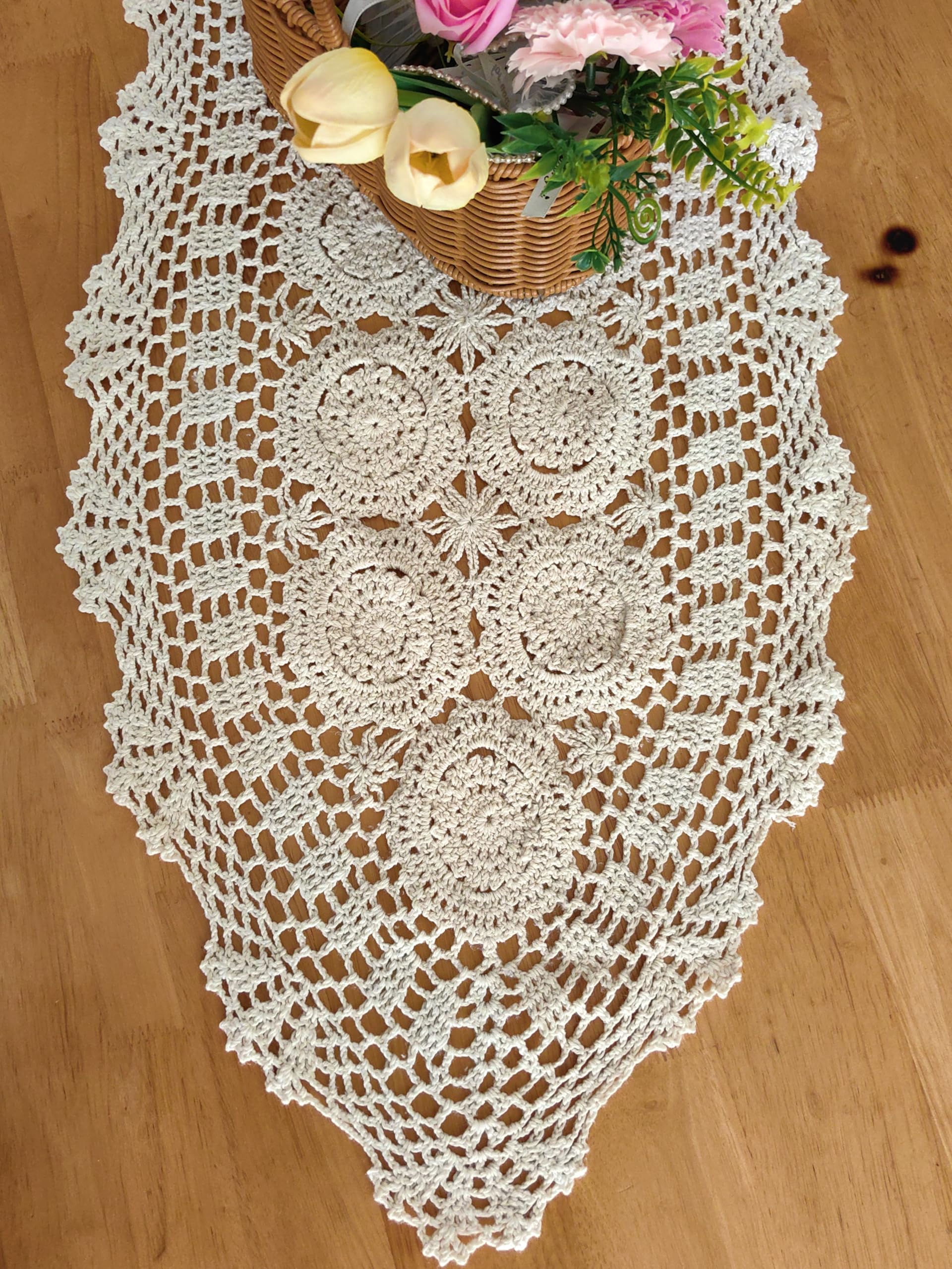 YIyishun Handmade Crochet Cotton Lace Hollow Out Woven Table Runners Oval (Beige, 15.5 * 35inch)