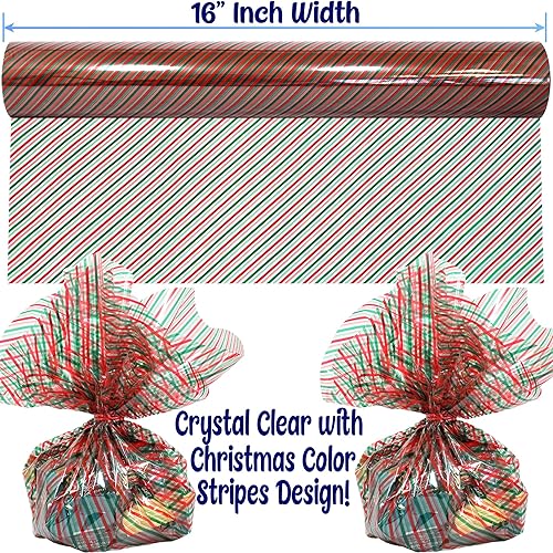 Miniatura 5 de AnapoliZ Rollo de celofán navideño  100 pies de largo x 16 pulgadas de ancho  Celofán de rayas navideñas transparentes de 2.3 mil  Regalos, cestas,