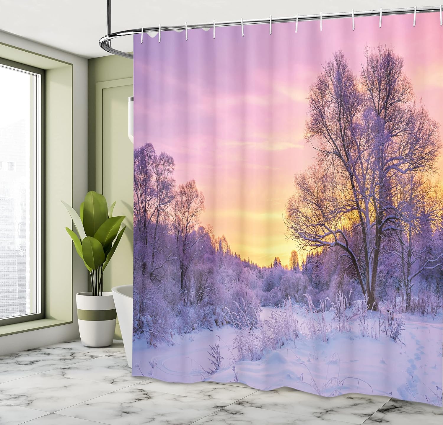 Ambesonne Forest Shower Curtain, Winter Landscape with a Sunset and Frozen Trees Ice Weather Blizzard Cold Days an Image of Artwork, Fabric Bathroom Decor Set with Hooks, 69" W x 70" L, Pink Lavender
