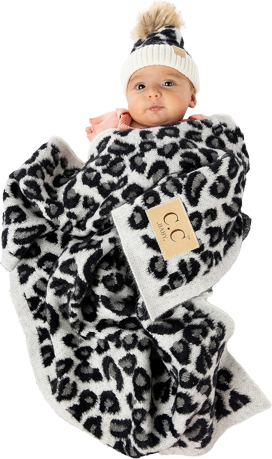 Funky Junque Large Soft Warm Lightweight Baby Throw Blanket with Matching Beanie Bundle for Toddler Bed, Strollers, Naps, Daycare Preschool - Leopard Print - 1 Fur POM - Ivory