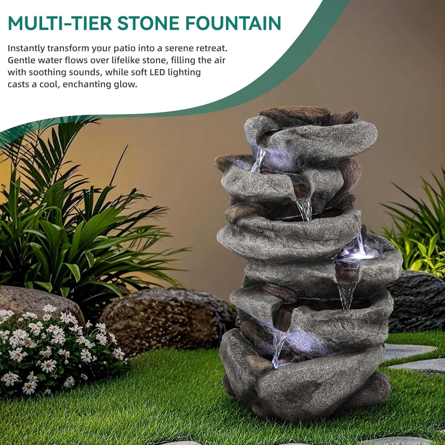 20" H Outdoor Water Fountain with LED Lights, 5-Tier Cascading Rock Waterfall for Garden Patio Yard, Weather-Resistant Polyresin Water Feature for Tranquil Zen Oasis