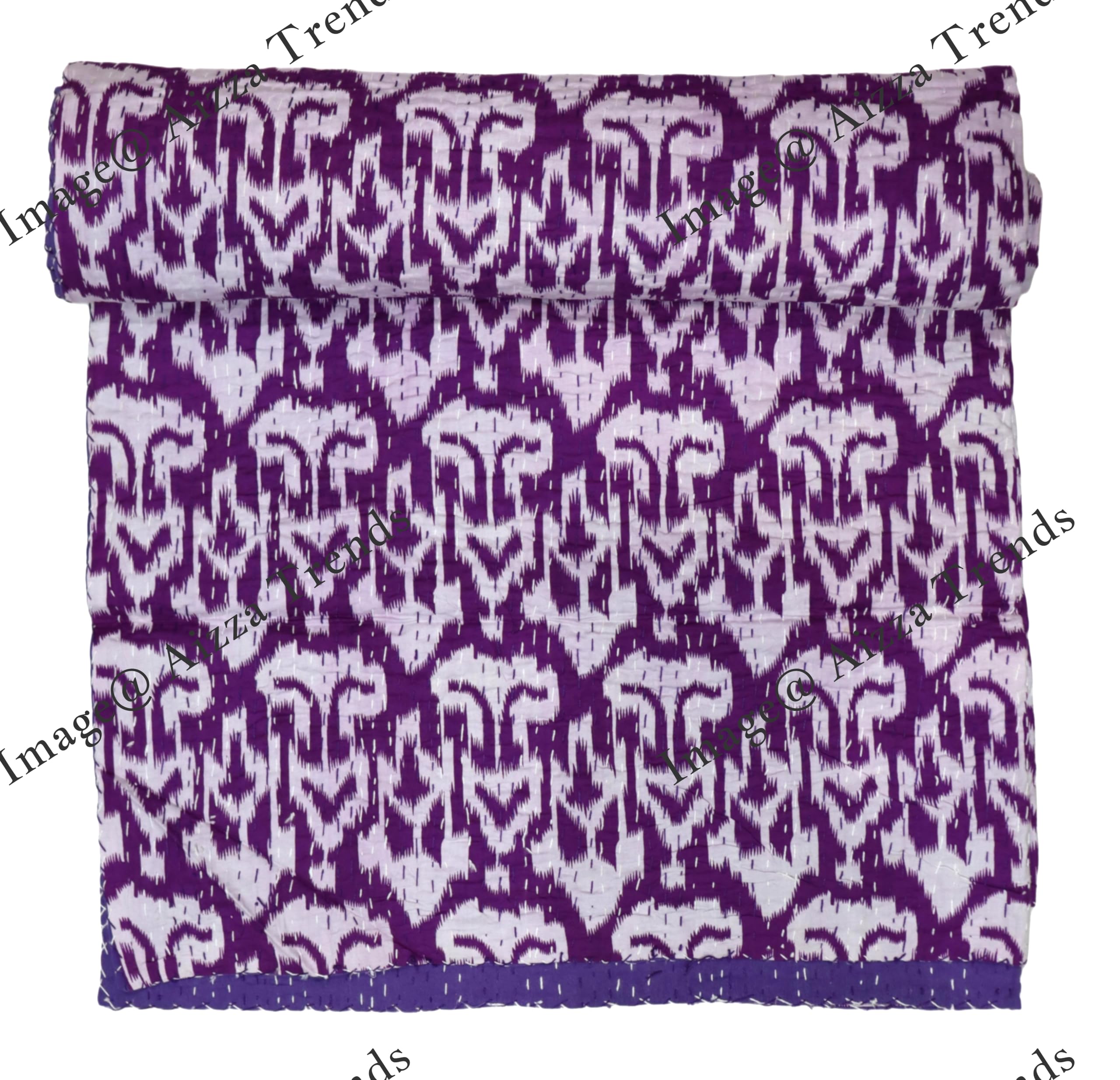 Couvre-lit Kantha fait main coton zigzag Ikat grand format pour couverture de plage et lit double