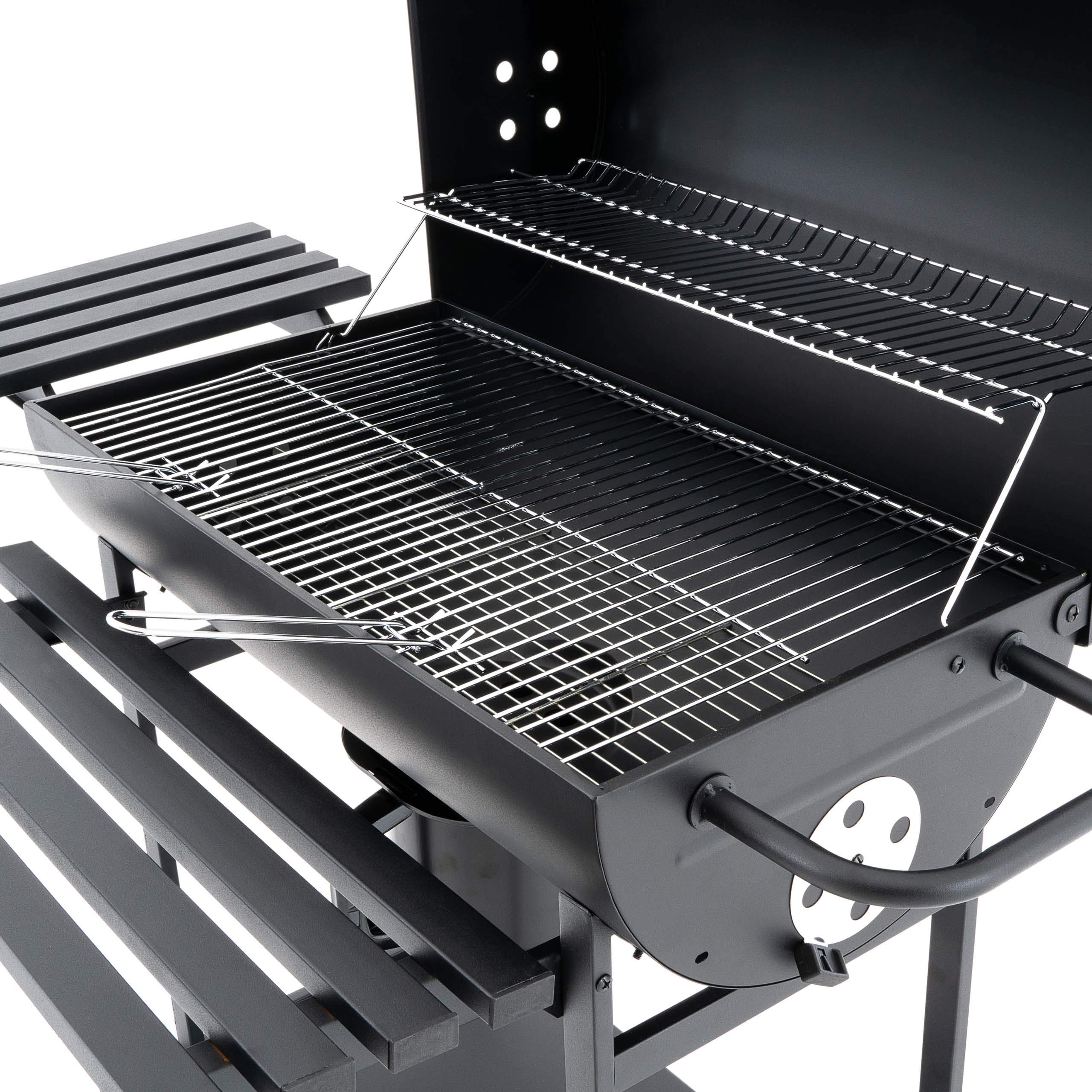 Nexos Trading Grillwagen Holzkohlegrill Gartengrill BBQ Smoker 4-beinig 62cm Grillfläche Klapp-Deckel mit Thermometer massiv Stahlblech klappbare Ablageflächen Thermometer