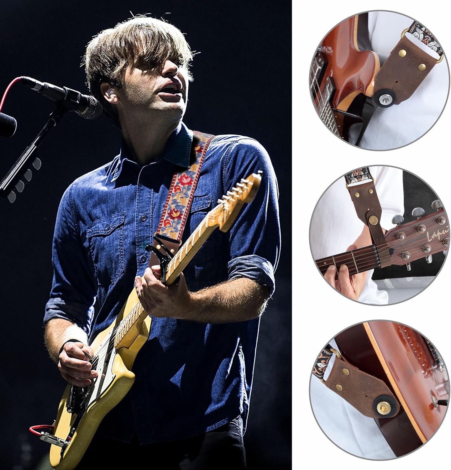 Nefelibata Guitar Strap,Jacquard Embroidery Cotton Guitar Straps with Crazy Horse Leather Ends for Bass, Electric & Acoustic, Best Gifts for Guitarists(Elegant Red Flower Embroidery)
