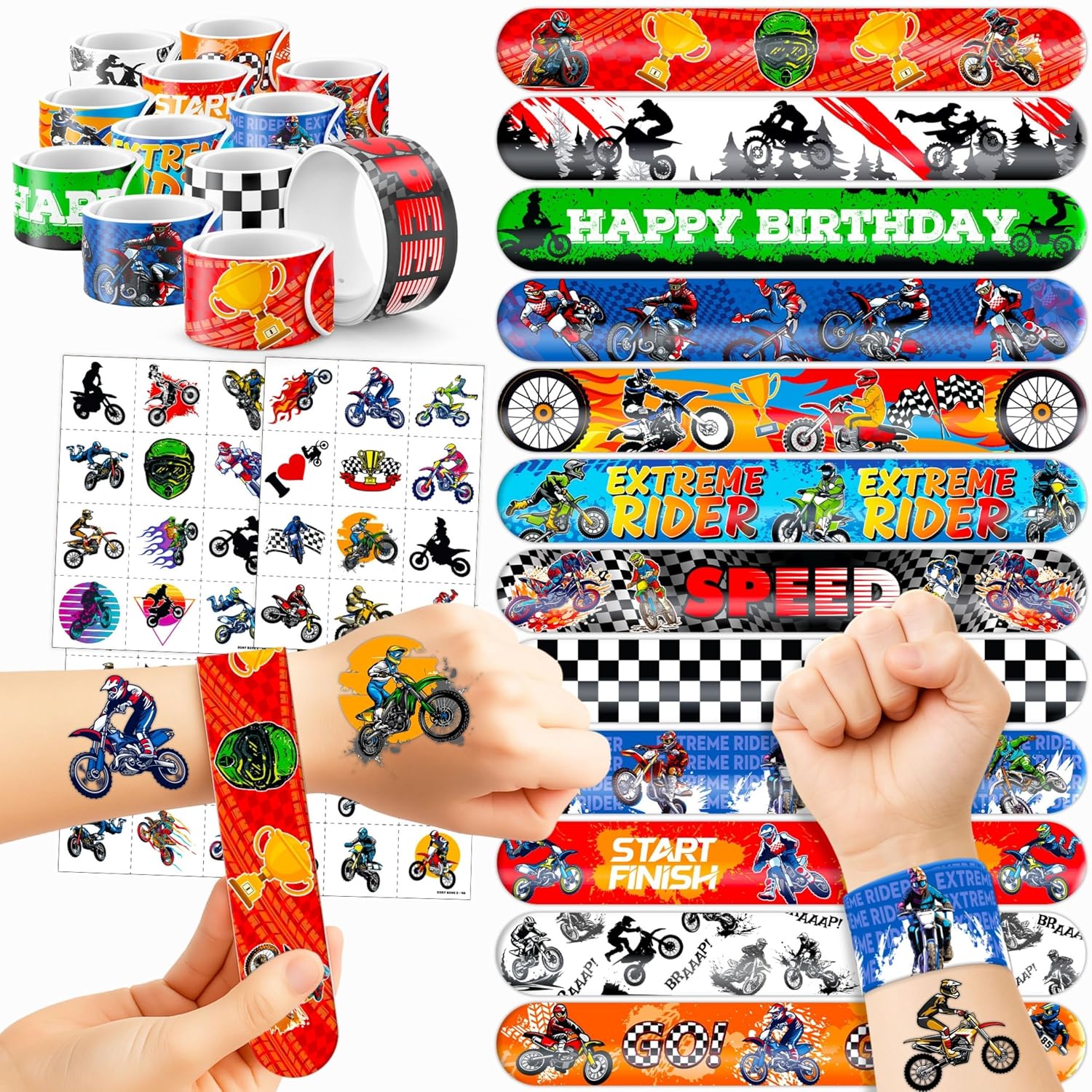 72PCS Dirt Bike Motorcycle Party Favors Decoration Tattoos & Slap Bracelets
