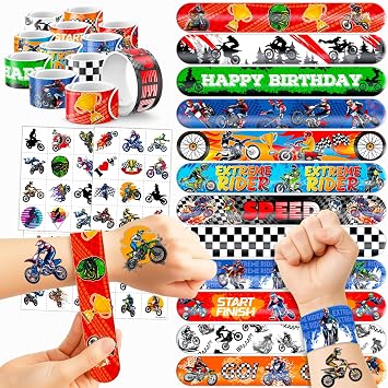 72 PCS Dirt Bike Party Favors - 48 Temporary Pre-Cut Tattoos & 24 Slap Bracelets - Fun Party Favors for Boys & Girls, Birthday Goodie Bag Fillers, Baby Shower Gifts, Classroom Rewards