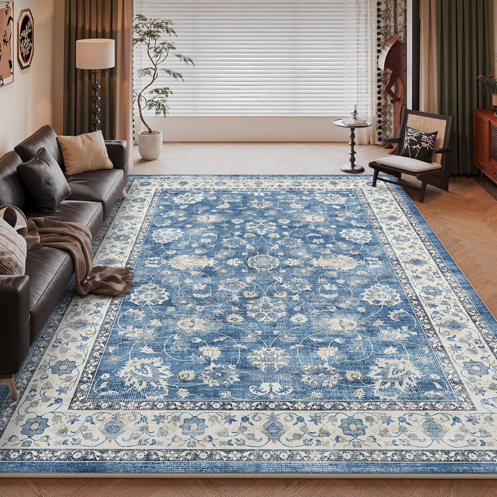 Alfombra grande floral de 100x200 cm azul para decoración de salones y dormitorios