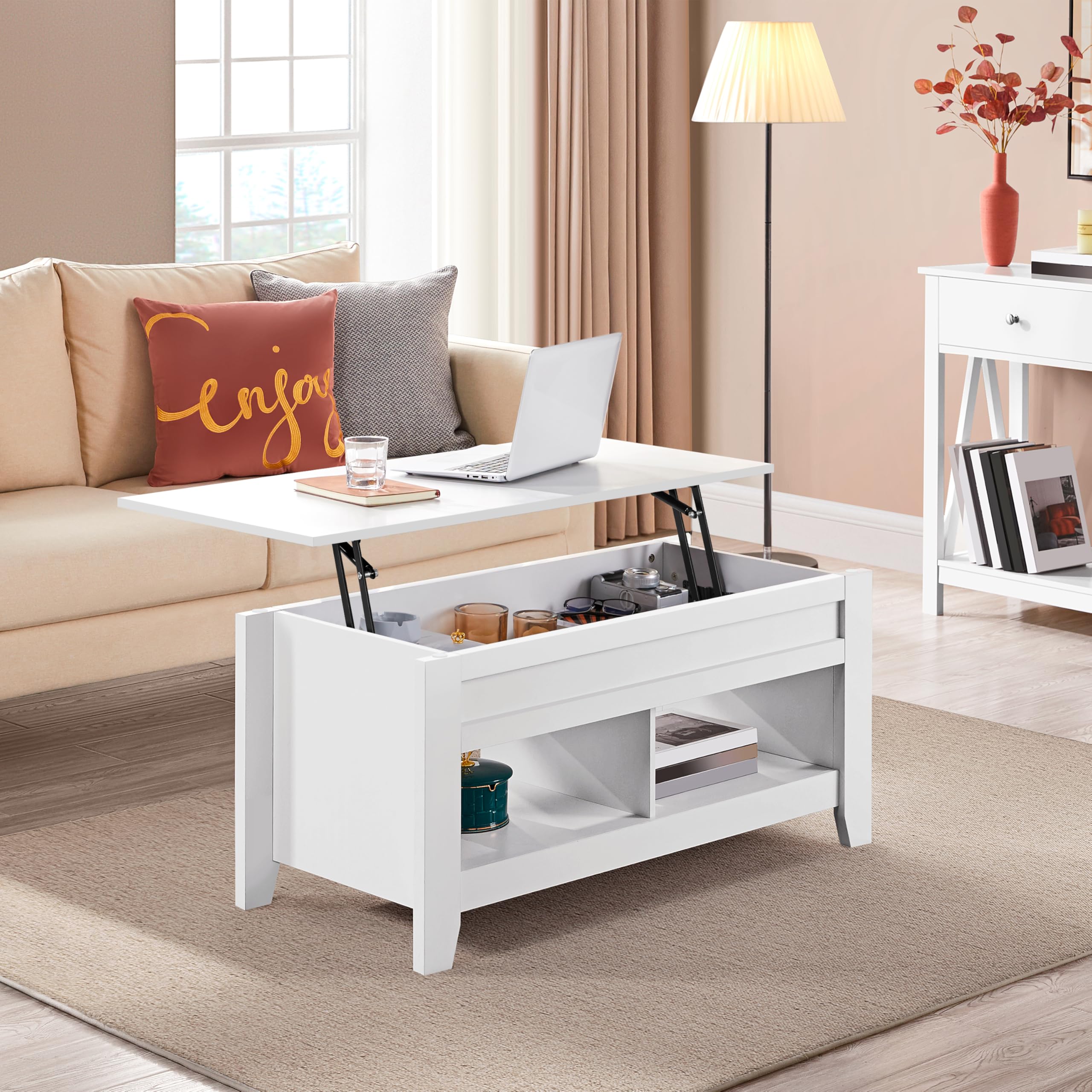 Yaheetech Tavolino da Caffè Sollevabile Tavolo Basso da Soggiorno Tavolino con Ripiano Elevabile da Salotto 104,5 x 49,5 x 49-62 cm Tavolino da Divano Portaoggetti Spazioso Bianco