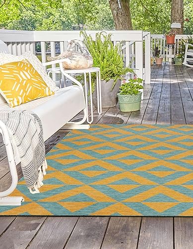 Vista 134 de Unique Loom Unique Loom Outdoor Collection - Alfombra de área - Napa (3 pies 3 pies, redonda, amarillo y aguamarina/amarillo)