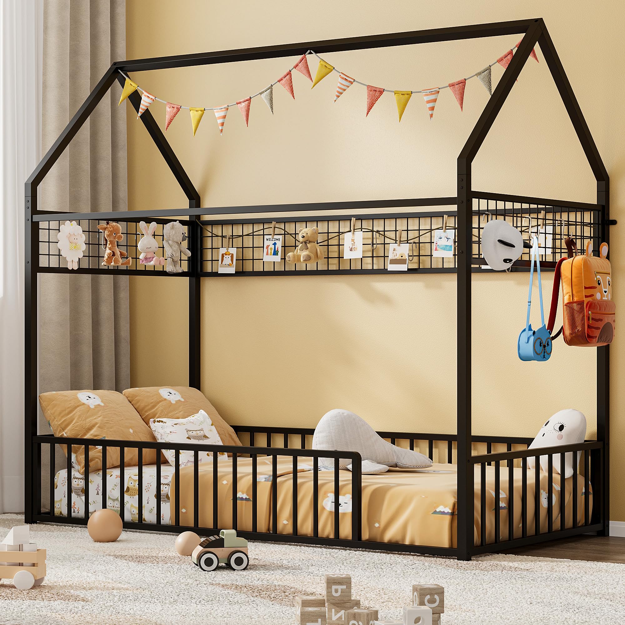 IRONCK Twin Floor Bed Frame, Metal House Bed with Fence Guardrails & Hanging Mesh for Bedroom and Dormitory, Space Saving, No Box Spring Needed, Black