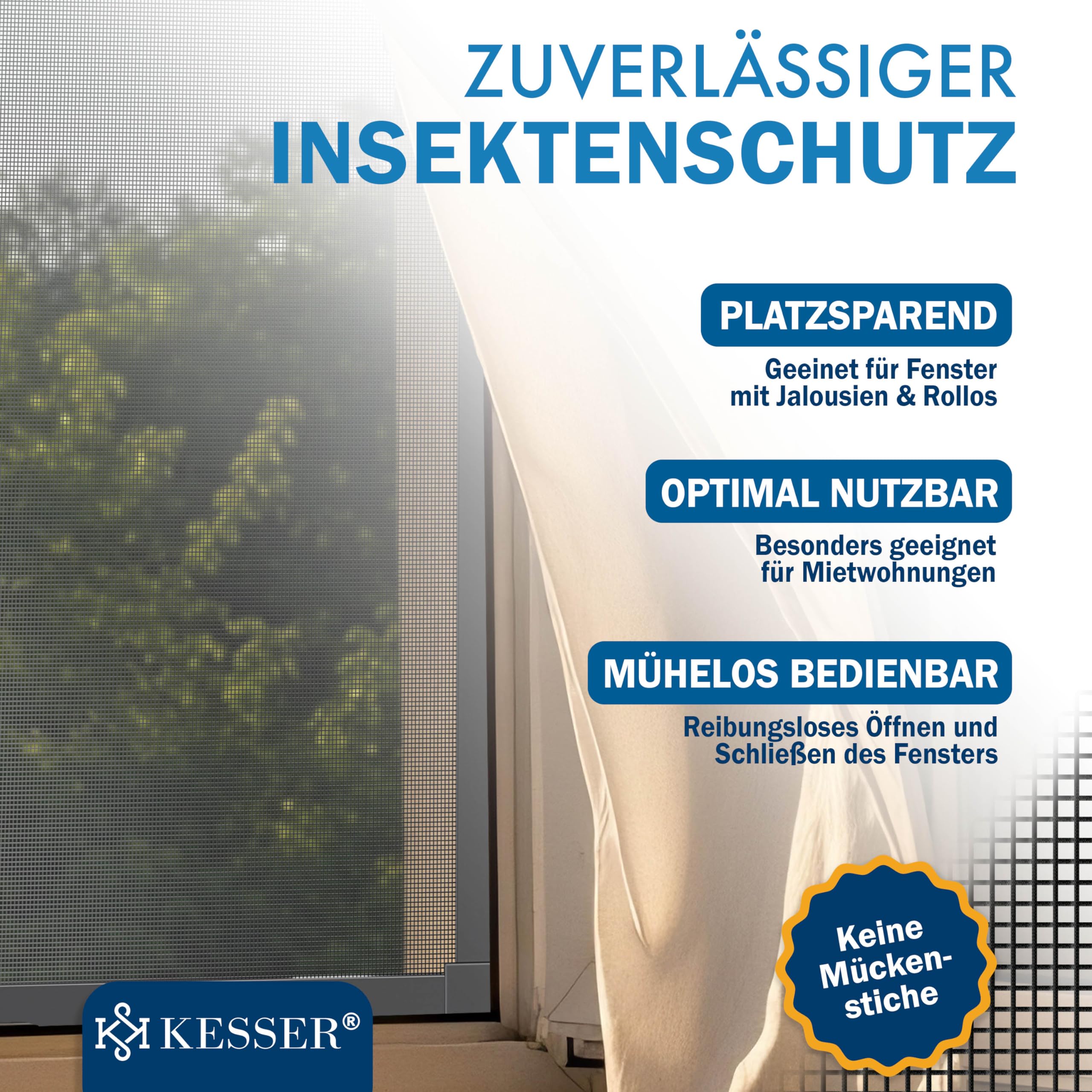 KESSER® - Mosquitera para ventana (110 x 130 cm, protección contra mosquitos con marco de aluminio, mosquitero enrollado sin taladrar, protección contra insectos, mosquitera para ventana