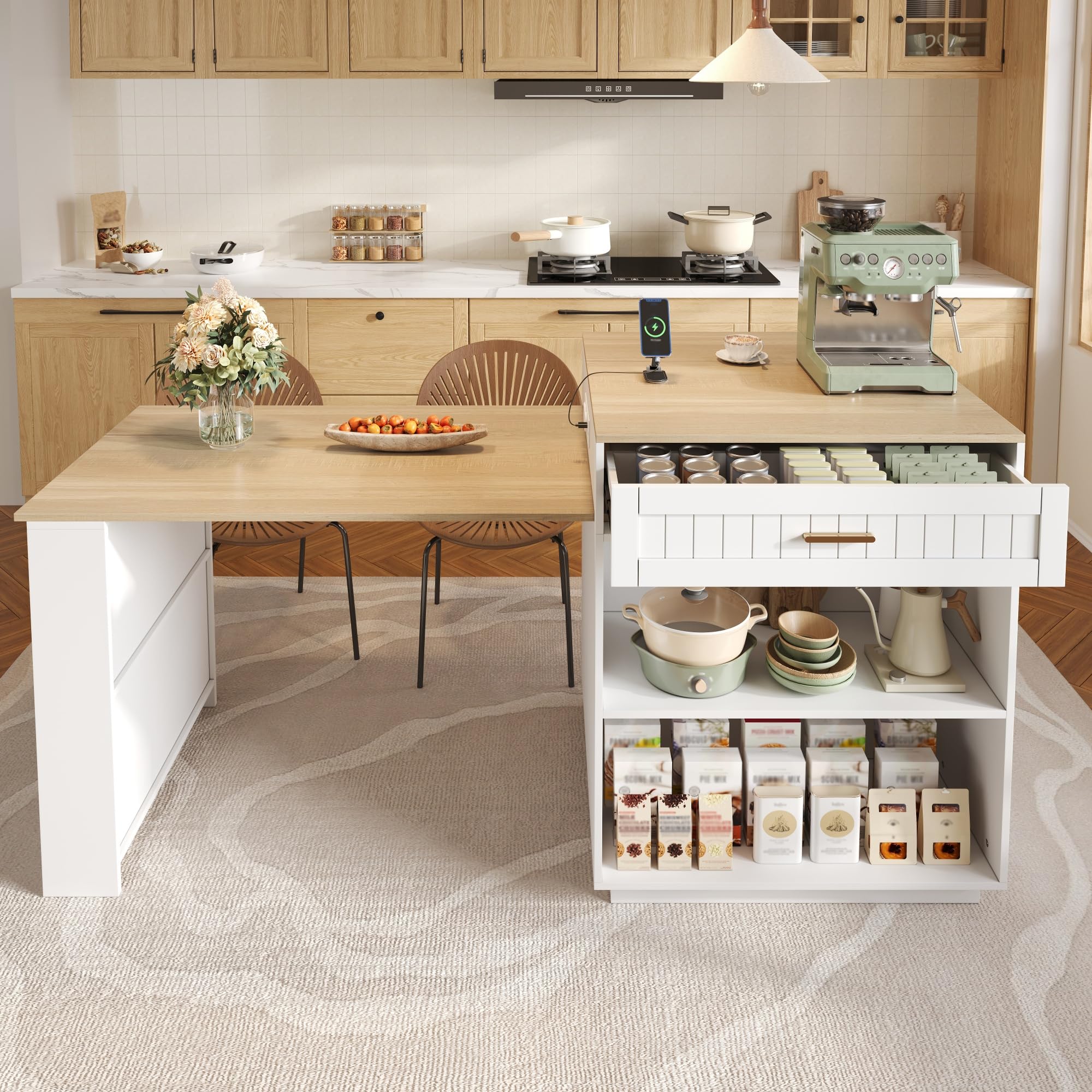 Mobile a isola da cucina, tavolo da bar allungabile con spazio e ruote, mobile da cucina con cassetti e mensola, 121,5-192 x 70 x 92 cm, bianco