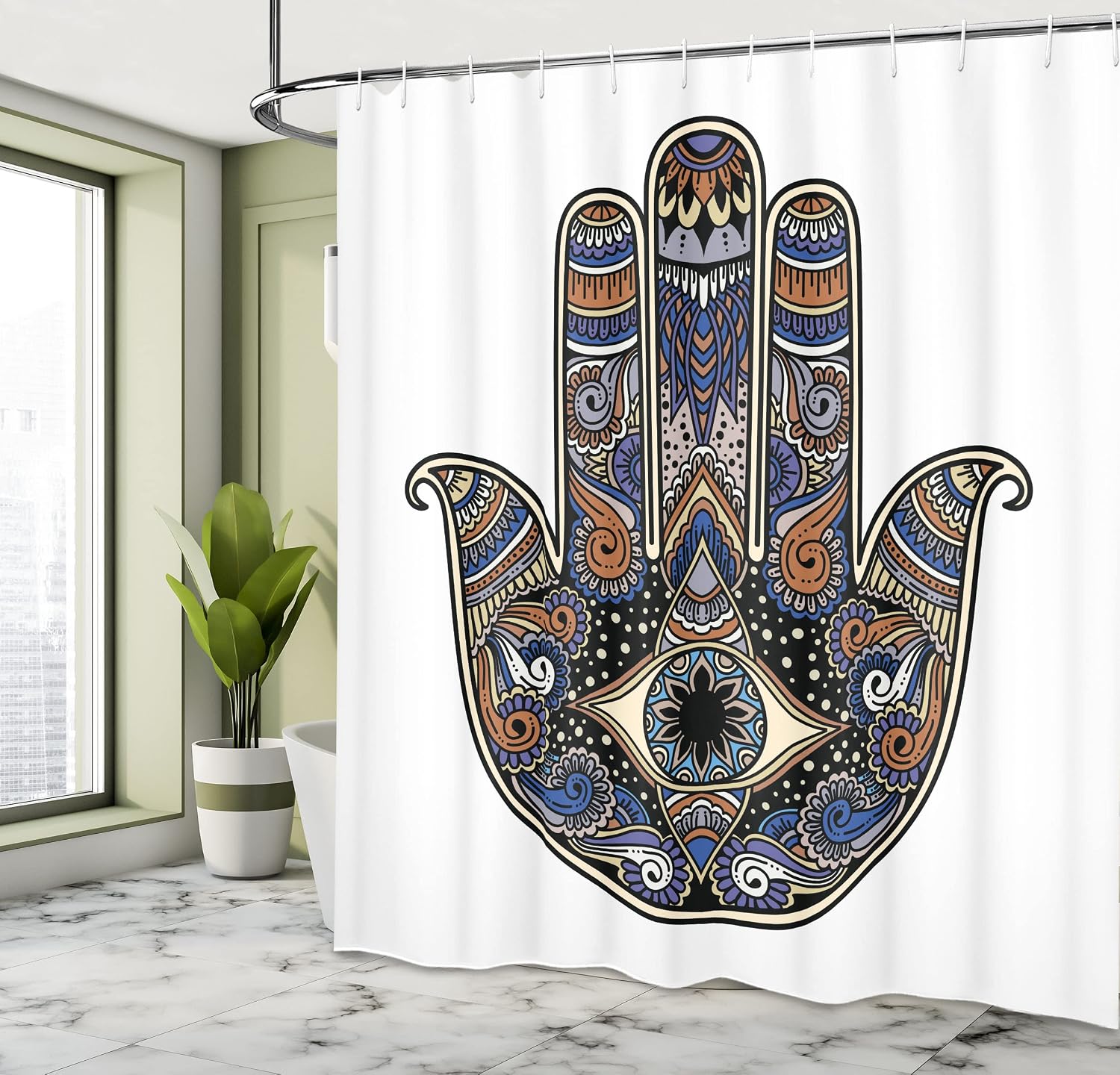 Ambesonne Hamsa Shower Curtain, Hand Drawn Boho Style Vintage Sign with All Seeing Doodle, Cloth Fabric Bathroom Decor Set with Hooks, 69" W x 70" L, Blue Caramel