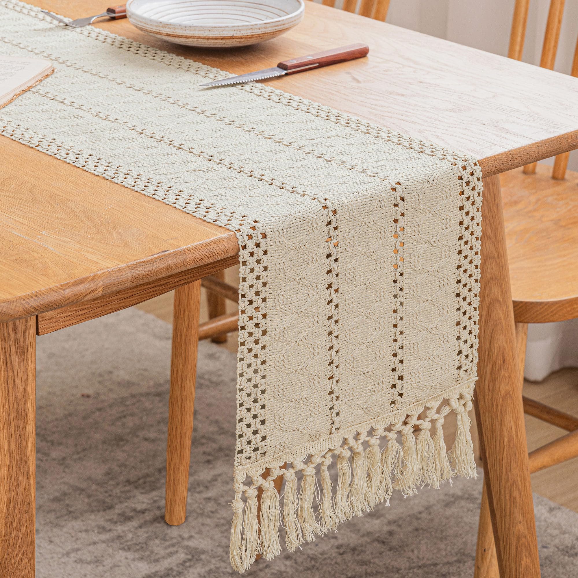 Cotton Farmhouse Table Runner with Tassels (108 Inches Long), Washable Boho Dining Table Decor, Easy to Clean Rustic Kitchen & Home Accessories-Beige-