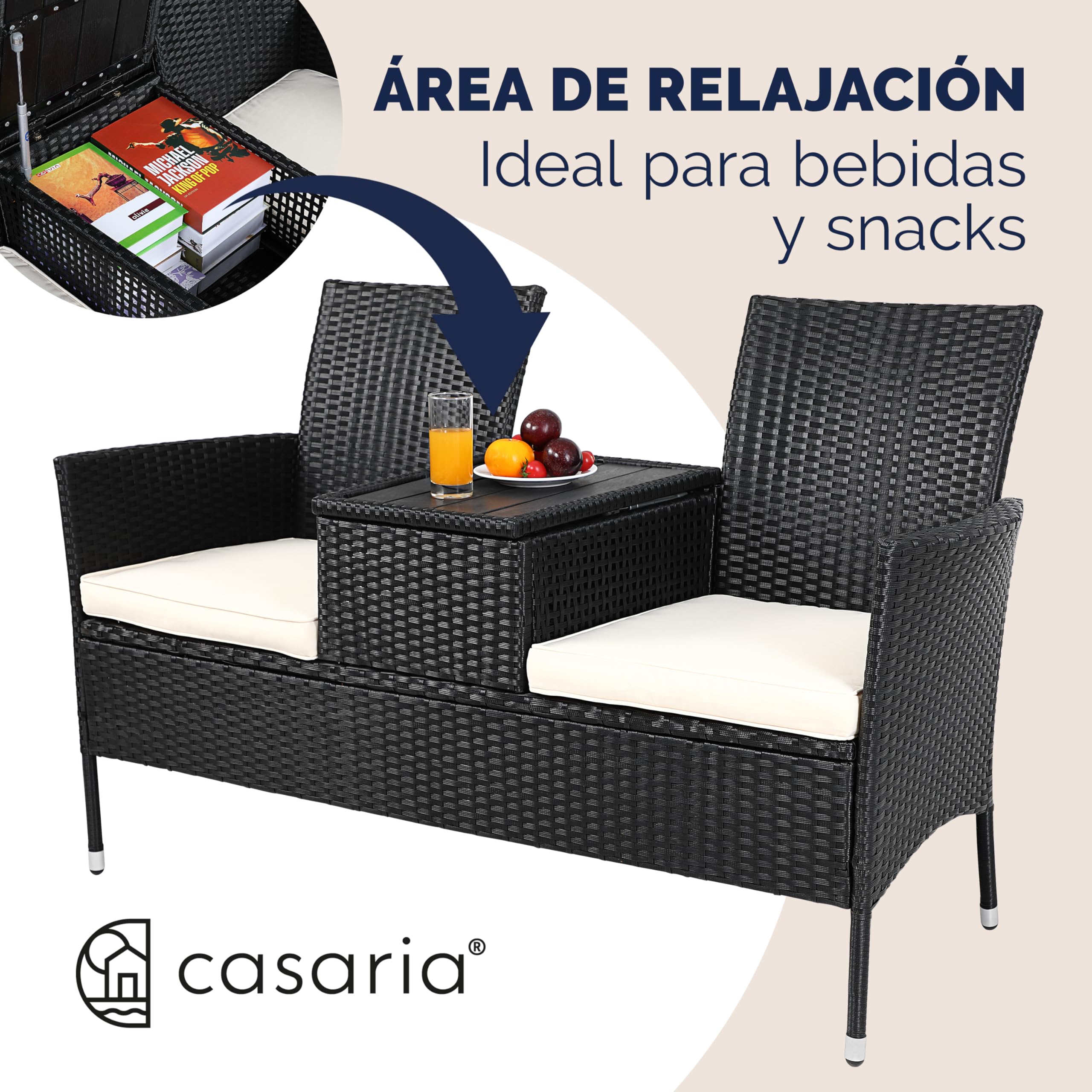 CASARIA® Banco de Jardín 143x64x88 Poliratán Negro Mesa WPC y Estante Asiento Extra Ancho Sillón Doble Exterior