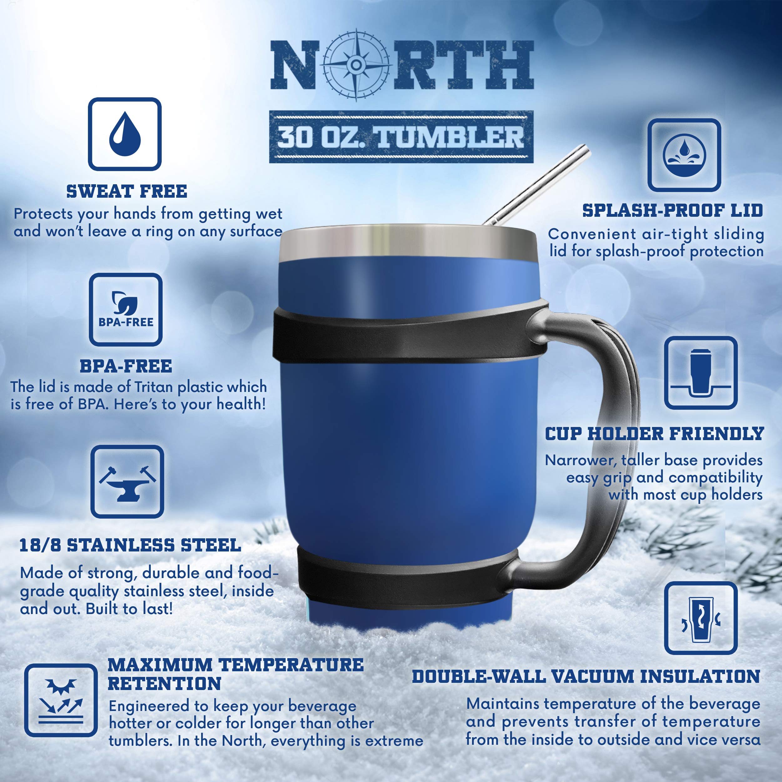 Norte Verde Tambor de Acero Inoxidable Juego de 5 Piezas,Aislado al vacío Taza de Viaje para el hogar,la Escuela Cómo Yeti Vaso para Hielo y Beber Bebidas Calientes 30 oz Azul Real