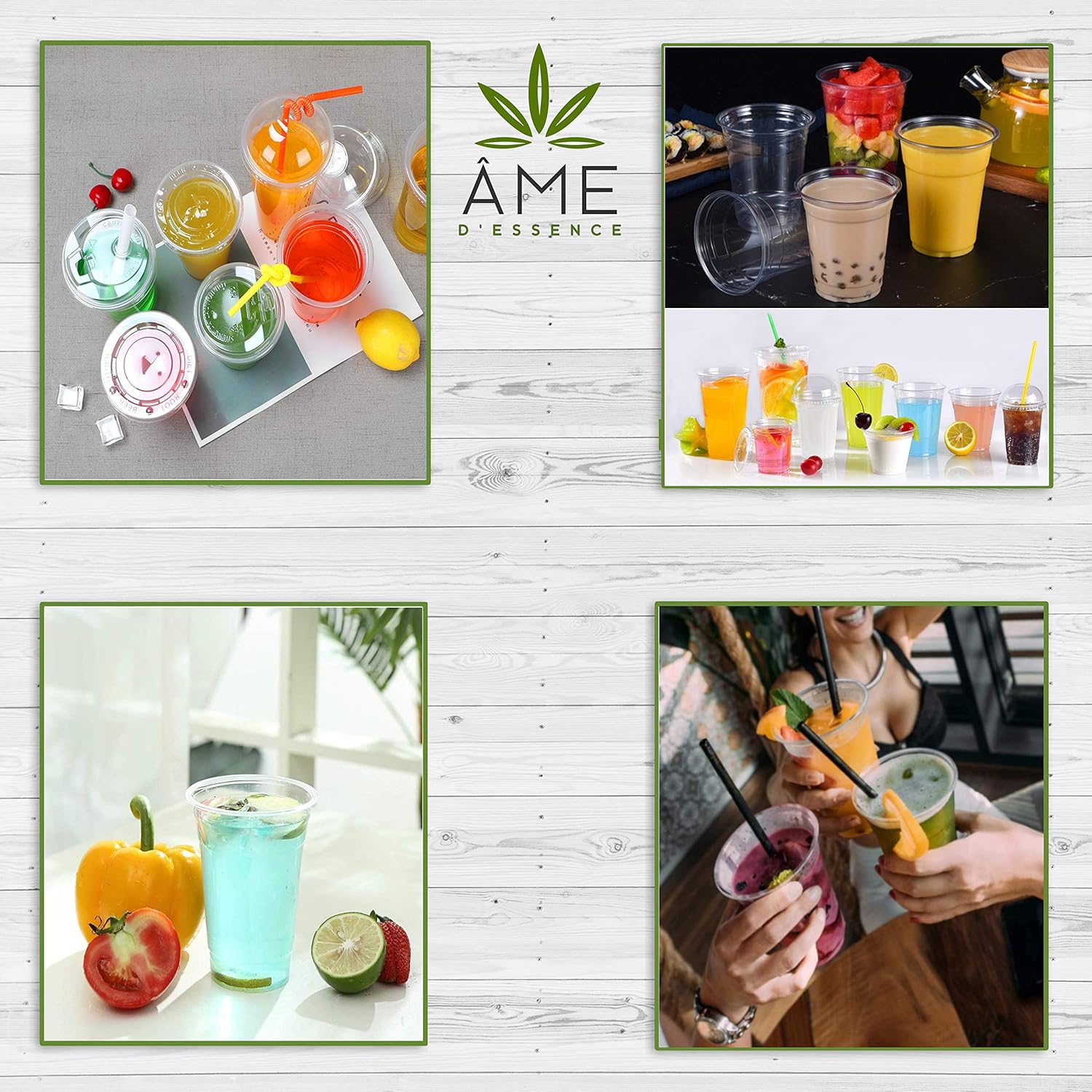 AME D'ESSENCE (300 PC) 20 Ounce Disposable Clear Cups with Bonus 1-Play Tall Napkins n Straws Plastic Drinking Cups To Go Iced Coffee Crystal PET Cups
