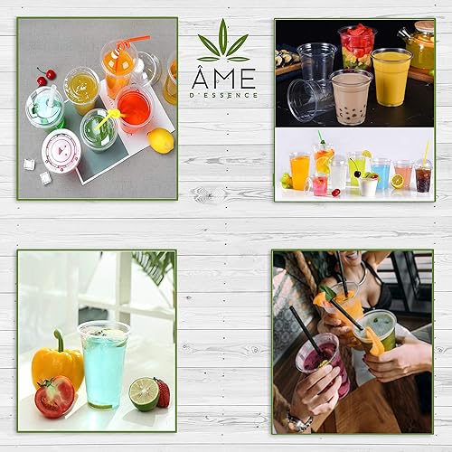 Miniatura 7 de AME D'ESSENCE (100 unidades) Combo de vasos transparentes desechables de 20 onzas con tapas planas, popotes de bonificación, vasos de plástico para
