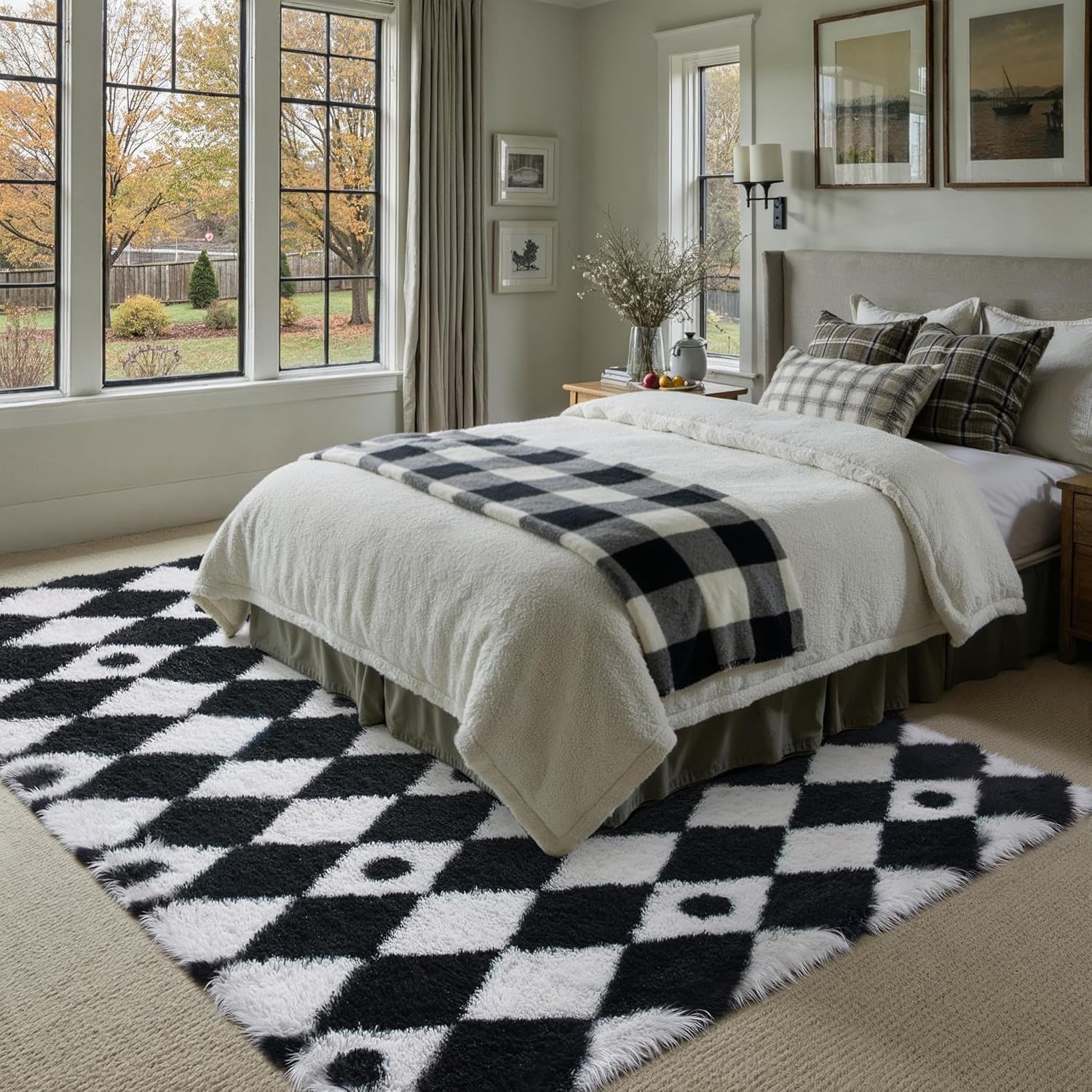 PureCozy 6x9 Area Rug Clearance Washable Living Room Non Slip Neutral Soft Bedroom Checkered Carpet Black and White Fluffy Modern Shag Fuzzy Indoor Large Aesthetic Home Office Playroom Nursery
