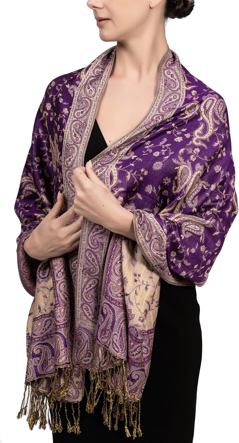 Achillea Reversible Paisley Pashmina Rave Scarf – Exotic Indian Shawls and Wraps for Evening Dresses, Festivals, All Seasons