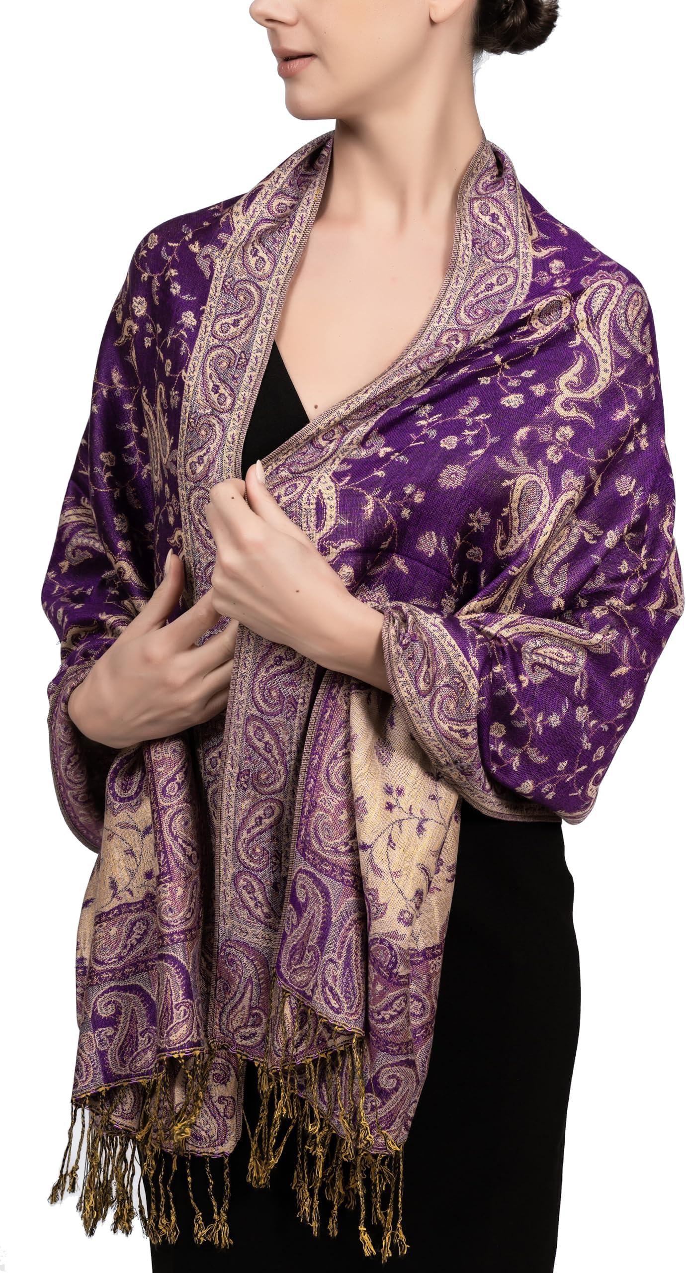 Achillea Soft Silky Reversible Paisley Pashmina Shawl Wrap Scarf w/Fringes