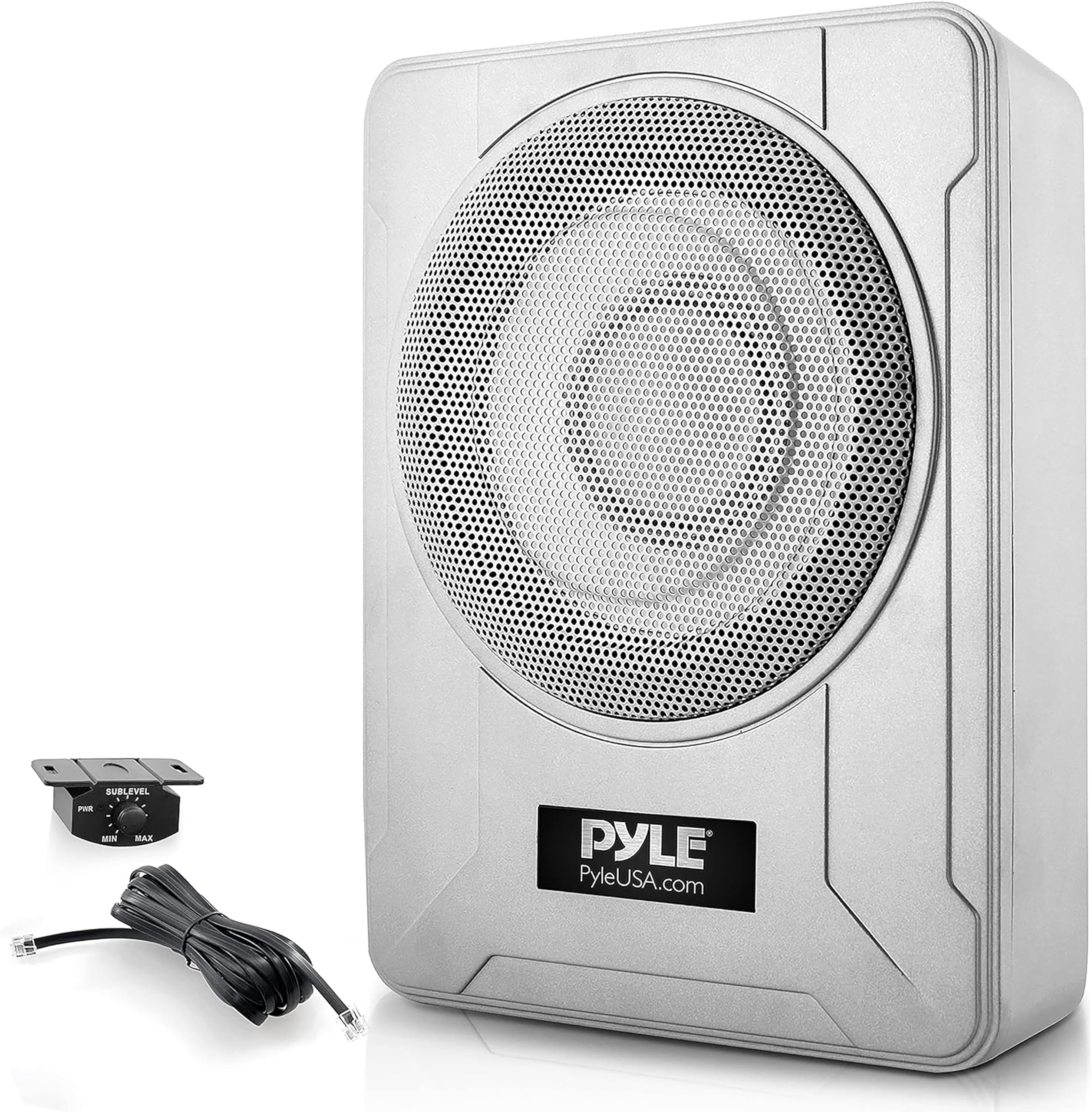 Pyle Aktiv Subwoofer Auto | Untersitz Subwoofer 8 Zoll, integrierter Verstärker, 600W, wasserdicht, Silber