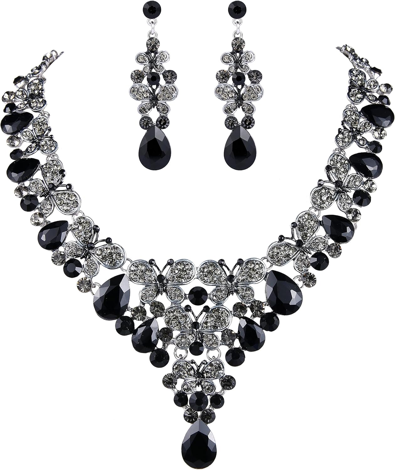 EVER FAITH Rhinestone Crystal Enamel Party Butterfly Teardrop Necklace Earrings Set