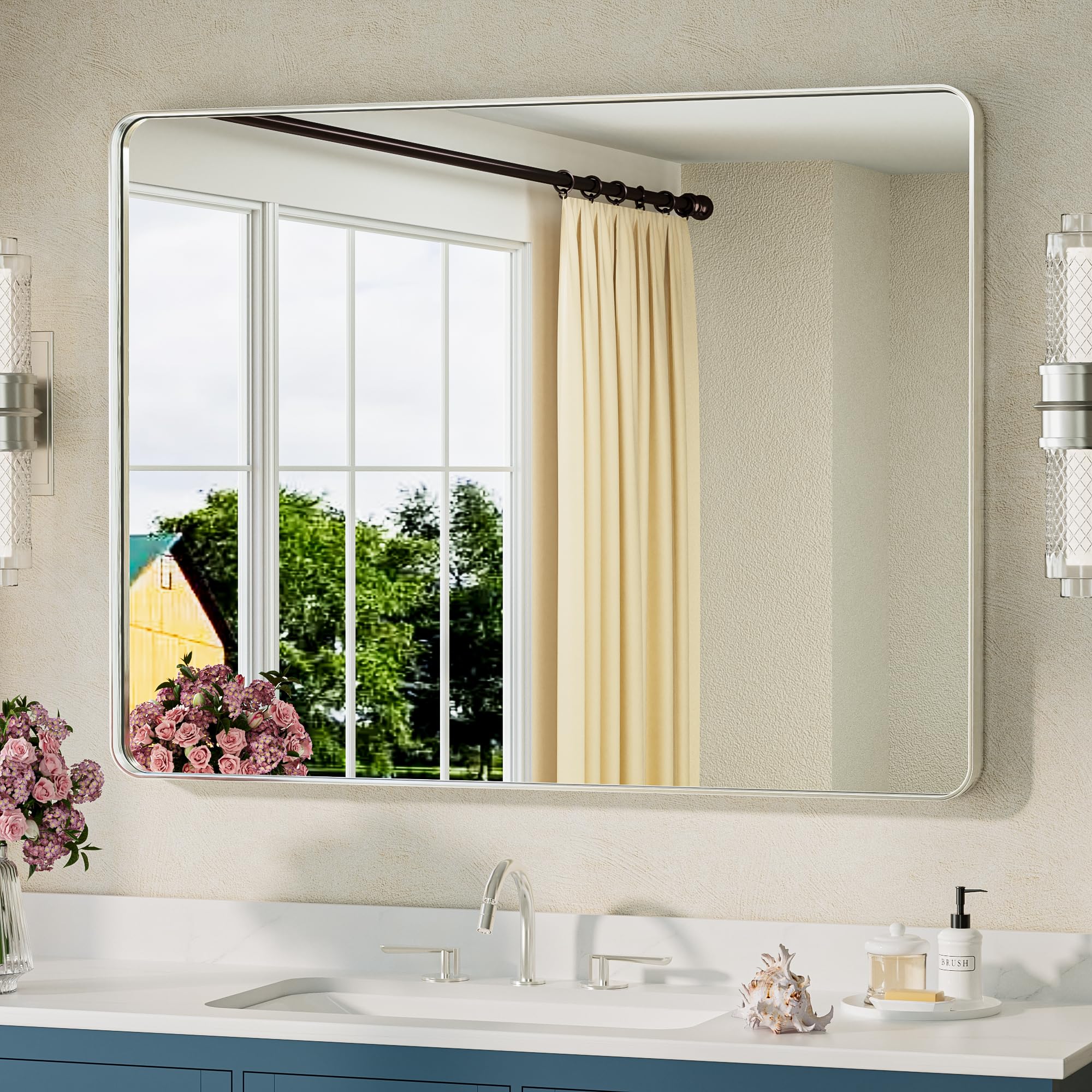 TETOTE Brushed Nickel Bathroom Mirror 40 x 30 Inch Brushed Nickel Metal Framed Bathroom Mirror, Tempered Glass, Modern Farmhouse Wall Mounted Mirror for Decorative(Horizontal/Vertical)