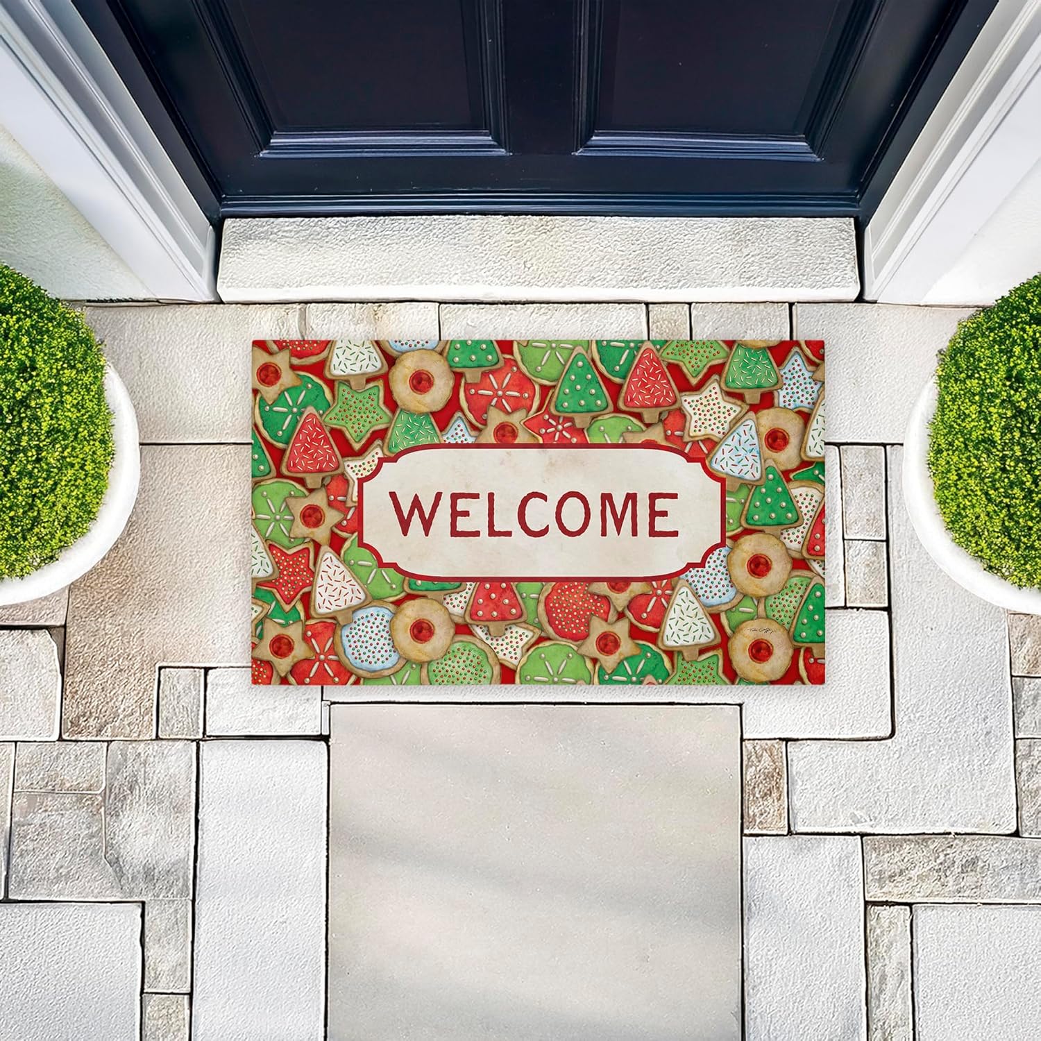 Stupell Industries Holiday Cookies Welcome Outdoor Door Mat, Durable Non-Slip Unwoven Mat with Recycled Rubber Backing, Weather-Resistant Christmas Kitchen Design by Tim Coffey, 18"x30"
