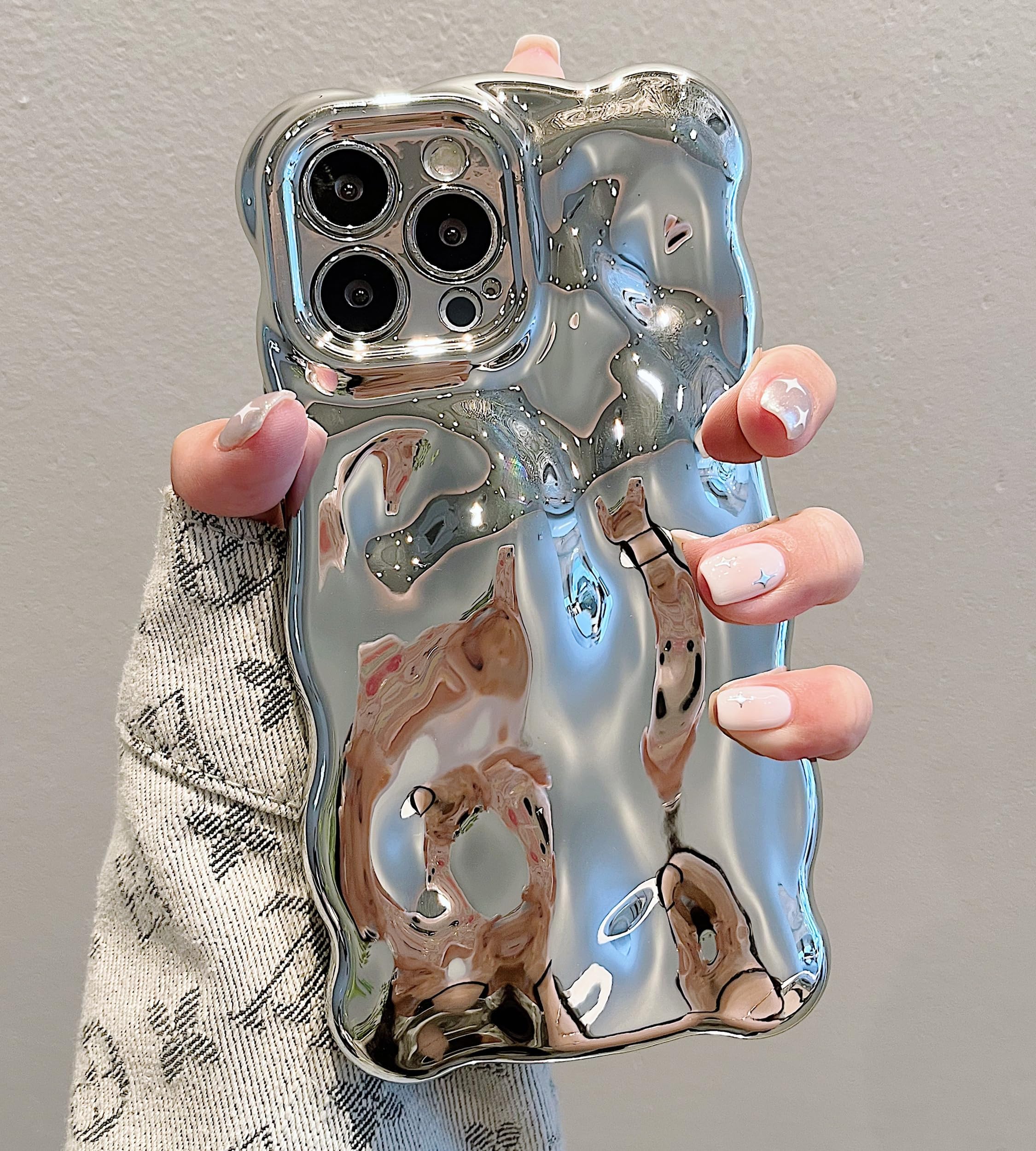 UEEBAI Ripple Case for iPhone 13 Pro, Cute Silver Cover Wave Shape for iPhone Case Pretty Aesthetic 3D Phone Cover, Water Ripple Shell 3D Chrome Design for Women and Girl, Silver