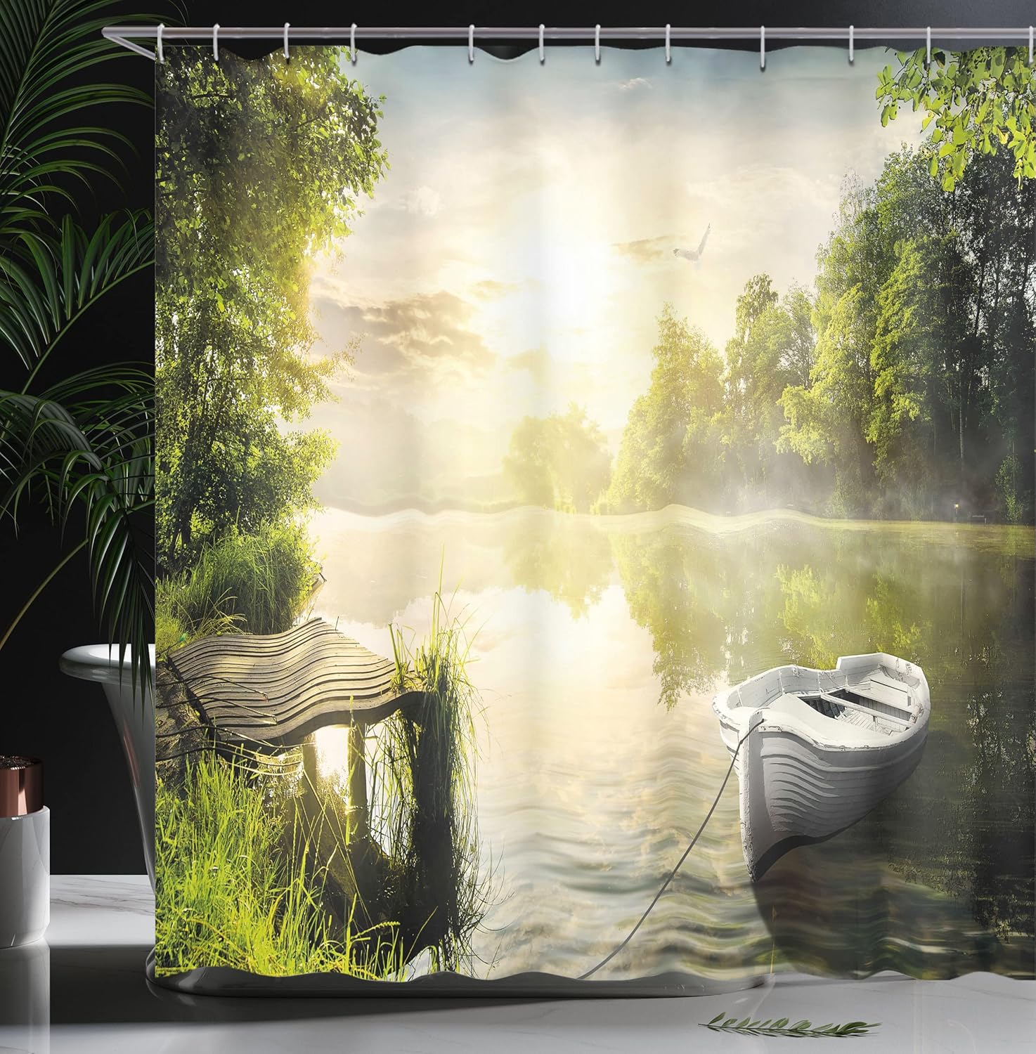 Ambesonne Nature Shower Curtain, Boat by The Foggy Lake Deck Dreamy Forest in The Morning Country Style Image, Cloth Fabric Bathroom Decor Set with Hooks, 69" W x 84" L, Olive Green White